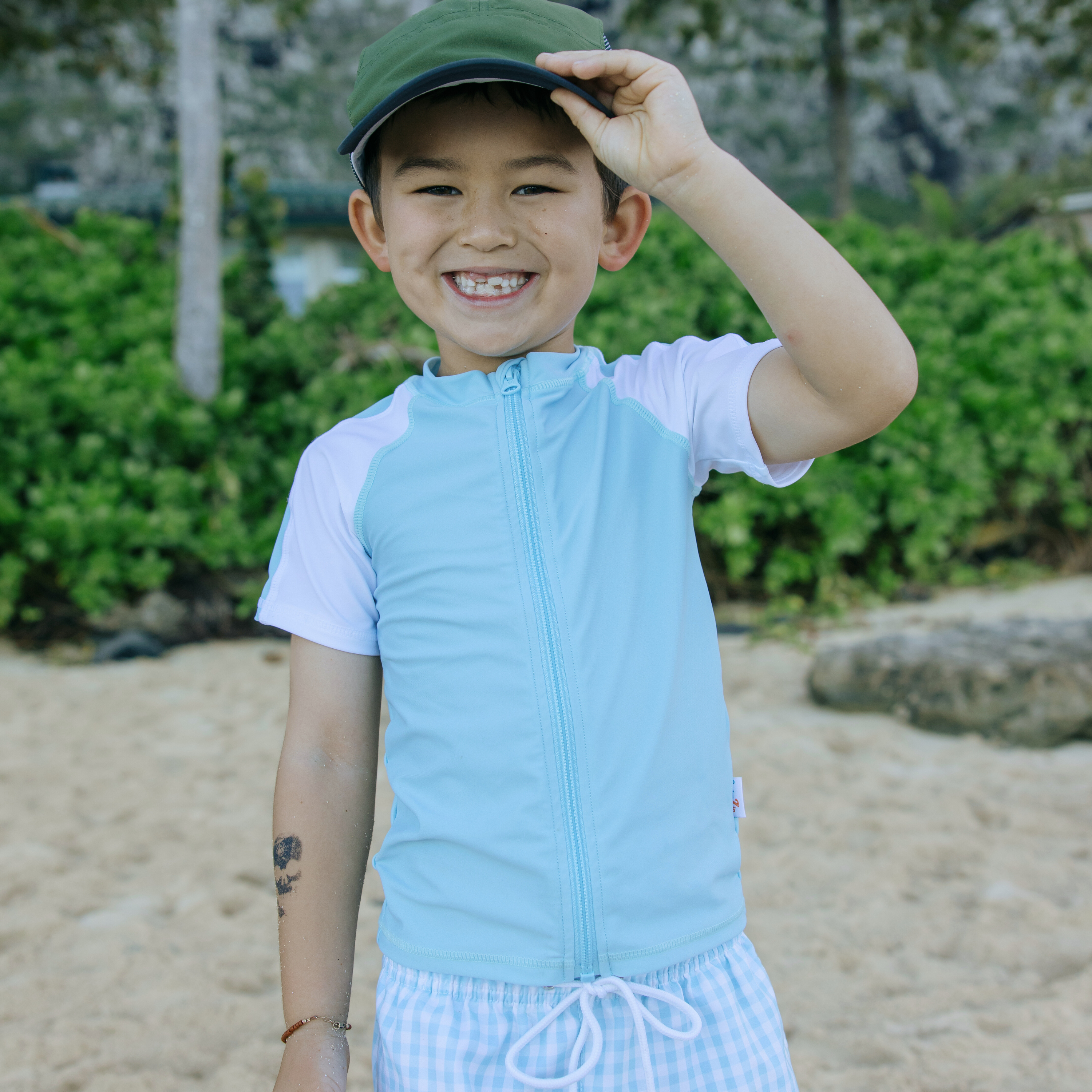 Boys Short Sleeve Zipper Rash Guard and Swim Trunk Set | "Blue Gingham"-SwimZip UPF 50+ Sun Protective Swimwear & UV Zipper Rash Guards-pos8