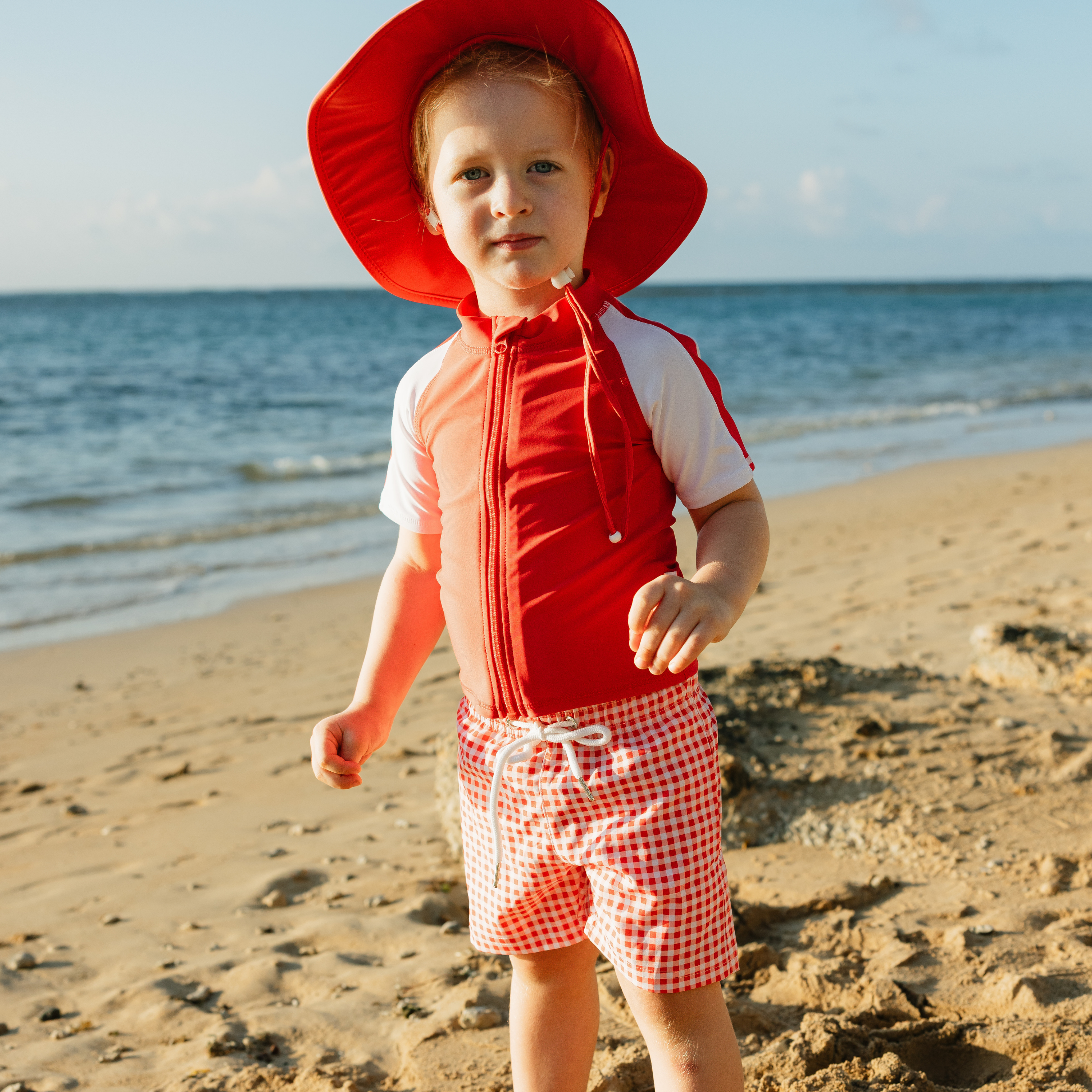 Boys Short Sleeve Zipper Rash Guard and Swim Trunk Set | "Red Gingham"-SwimZip UPF 50+ Sun Protective Swimwear & UV Zipper Rash Guards-pos2