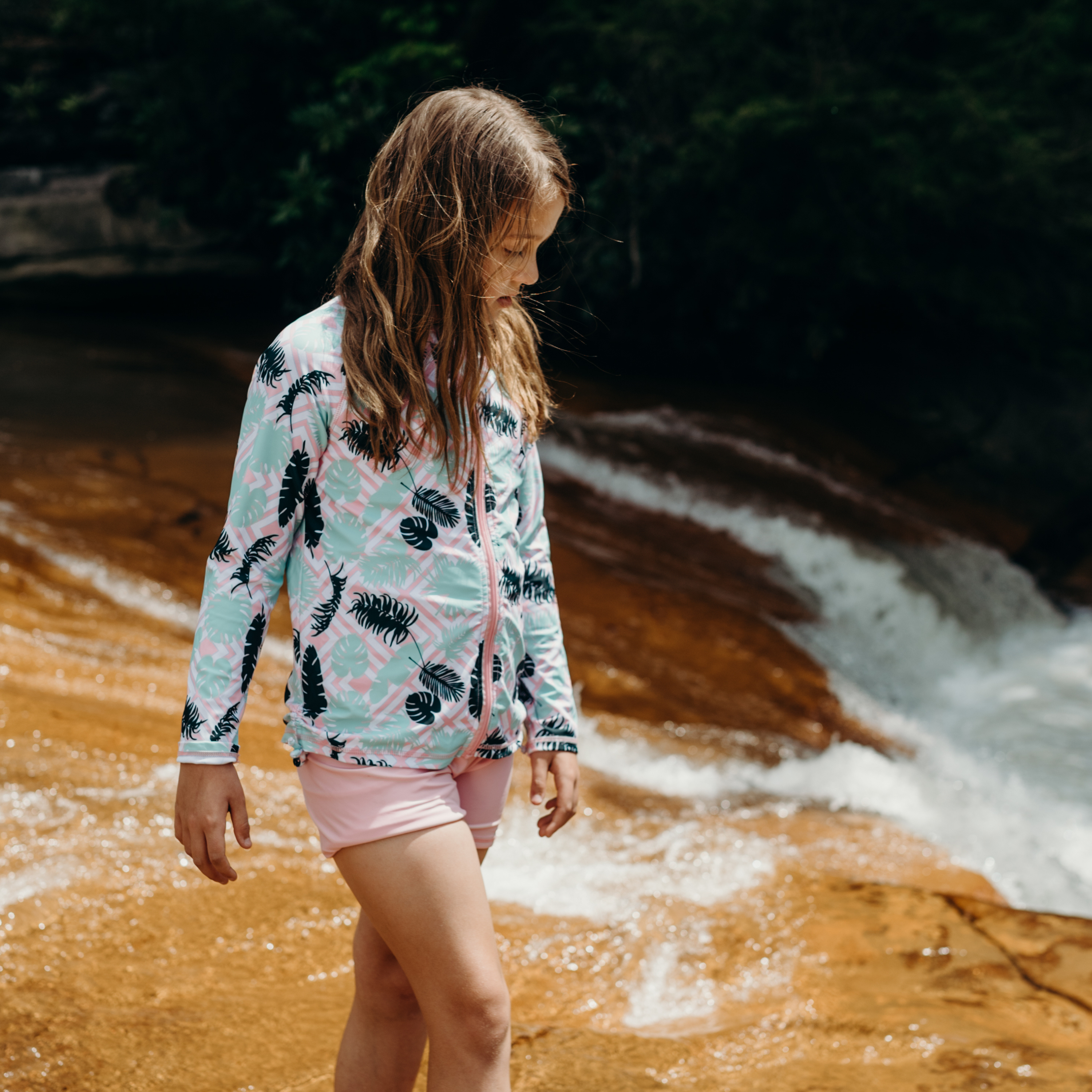 Girls Long Sleeve Rash Guard + Tankini Shorts Set (3 Piece) | "Palm Breeze"-SwimZip UPF 50+ Sun Protective Swimwear & UV Zipper Rash Guards-pos2