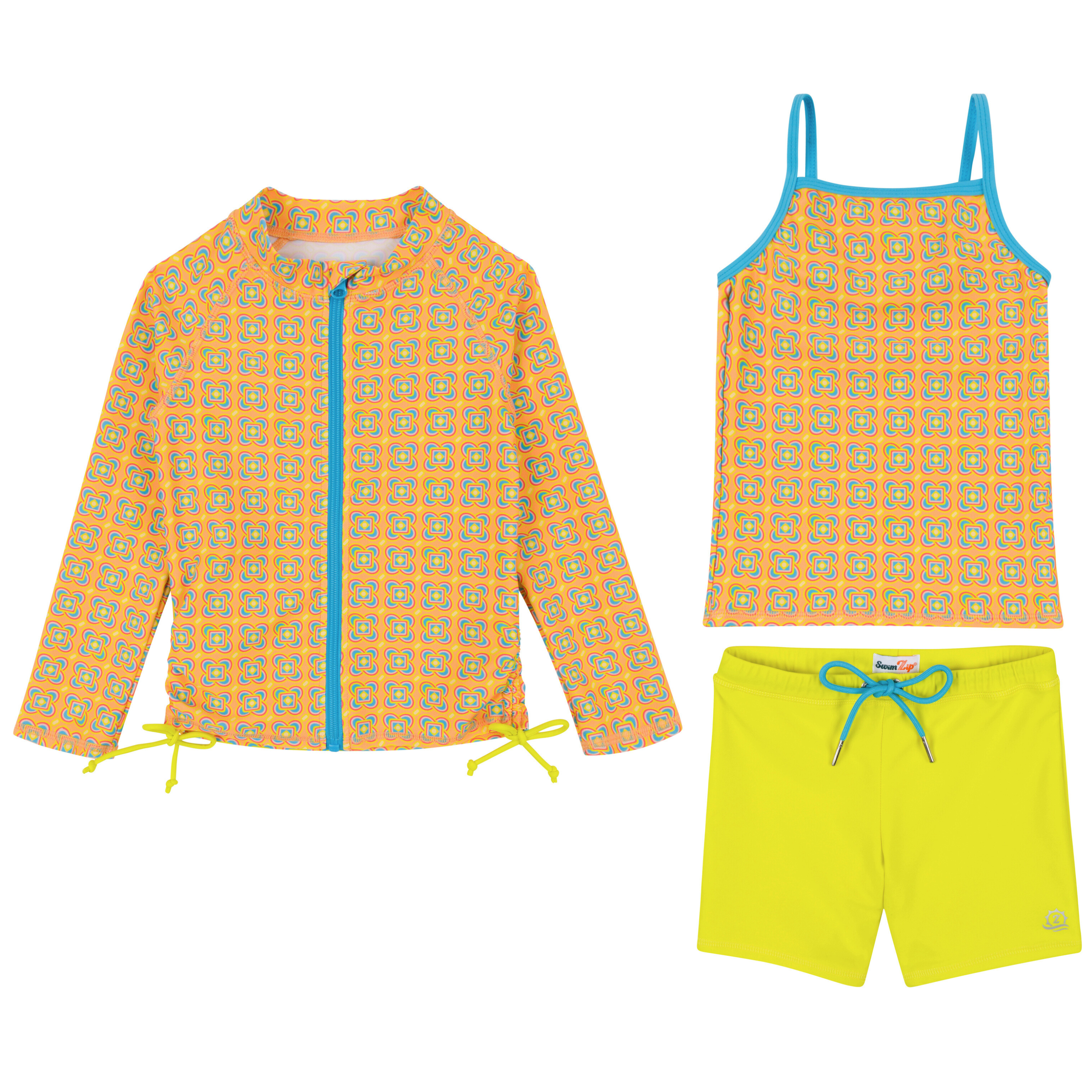 Girls Long Sleeve Rash Guard + Tankini Shorts Set (3 Piece) | "Kaleidoscope"-2T-Kaleidoscope-SwimZip UPF 50+ Sun Protective Swimwear & UV Zipper Rash Guards-pos1