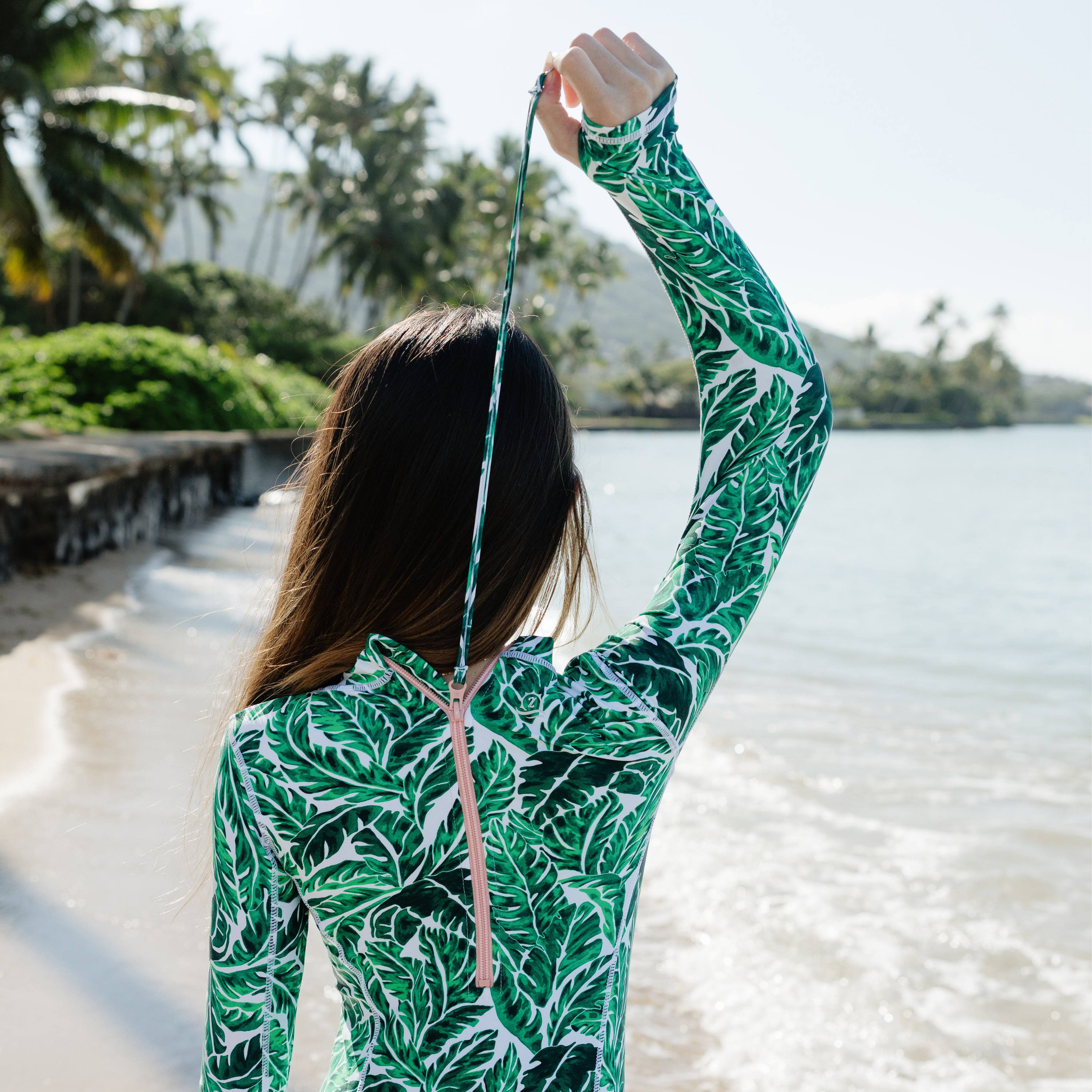 Girls Long Sleeve Surf Suit (One Piece Bodysuit) | "Palm Leaf"-SwimZip UPF 50+ Sun Protective Swimwear & UV Zipper Rash Guards-pos6