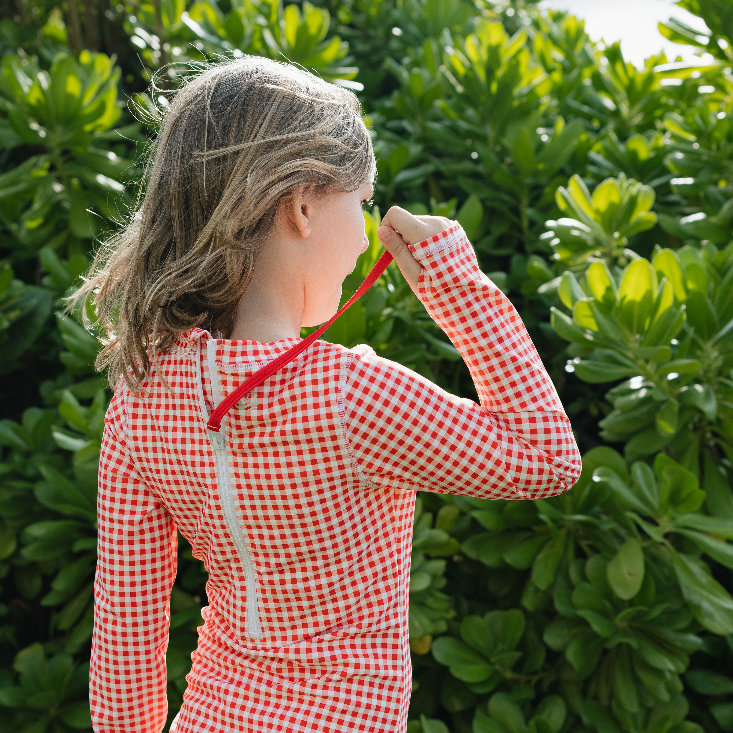 Girls Long Sleeve Surf Suit (One Piece Bodysuit) | "Red Gingham"-SwimZip UPF 50+ Sun Protective Swimwear & UV Zipper Rash Guards-pos9