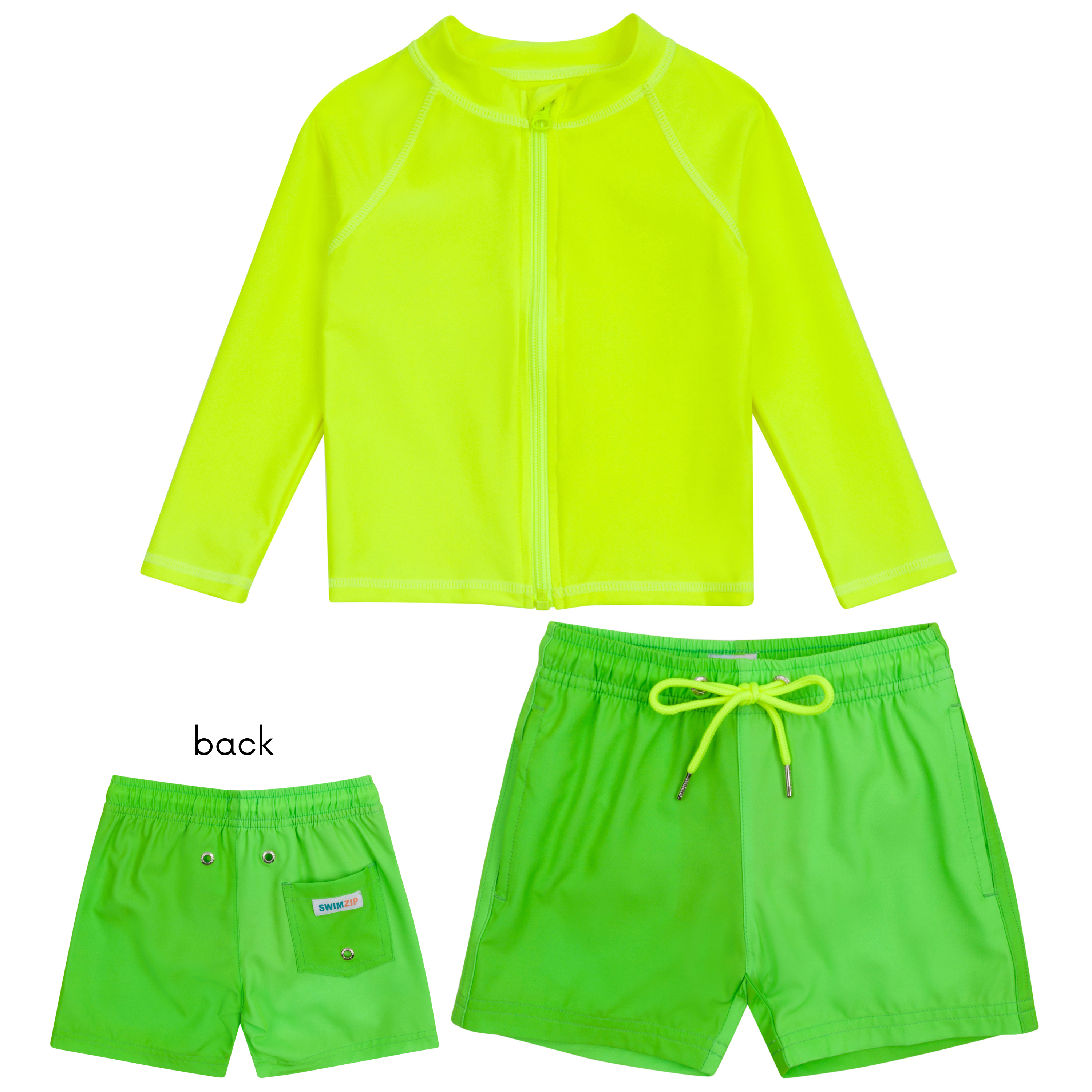 Boys Long Sleeve Zipper Rash Guard and Swim Trunk Set | "Neon Green"-6-12 Month-Neon Green-SwimZip UPF 50+ Sun Protective Swimwear & UV Zipper Rash Guards-pos1