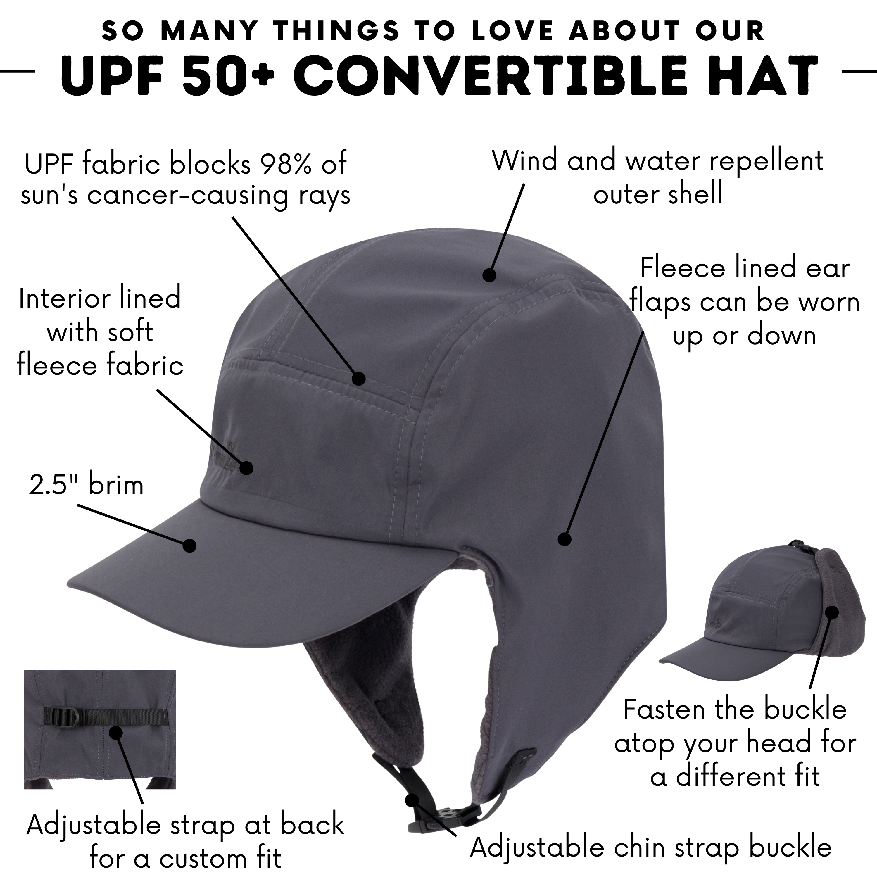 Kids Arctic Chill Convertible Winter Sun Hat - Dark Grey-SwimZip UPF 50+ Sun Protective Swimwear & UV Zipper Rash Guards-pos3