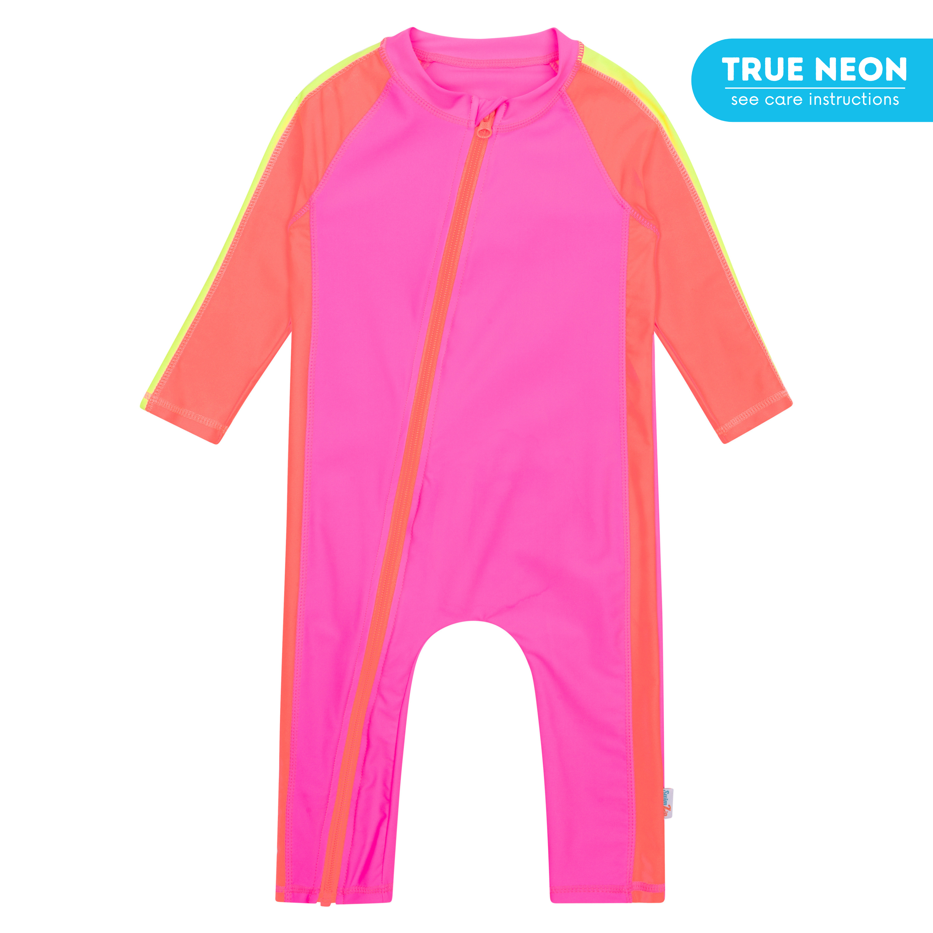 Sunsuit - Long Sleeve Romper Swimsuit | "Neon Pink/Orange"-0-6 Month-Neon Pink/Orange-SwimZip UPF 50+ Sun Protective Swimwear & UV Zipper Rash Guards-pos1