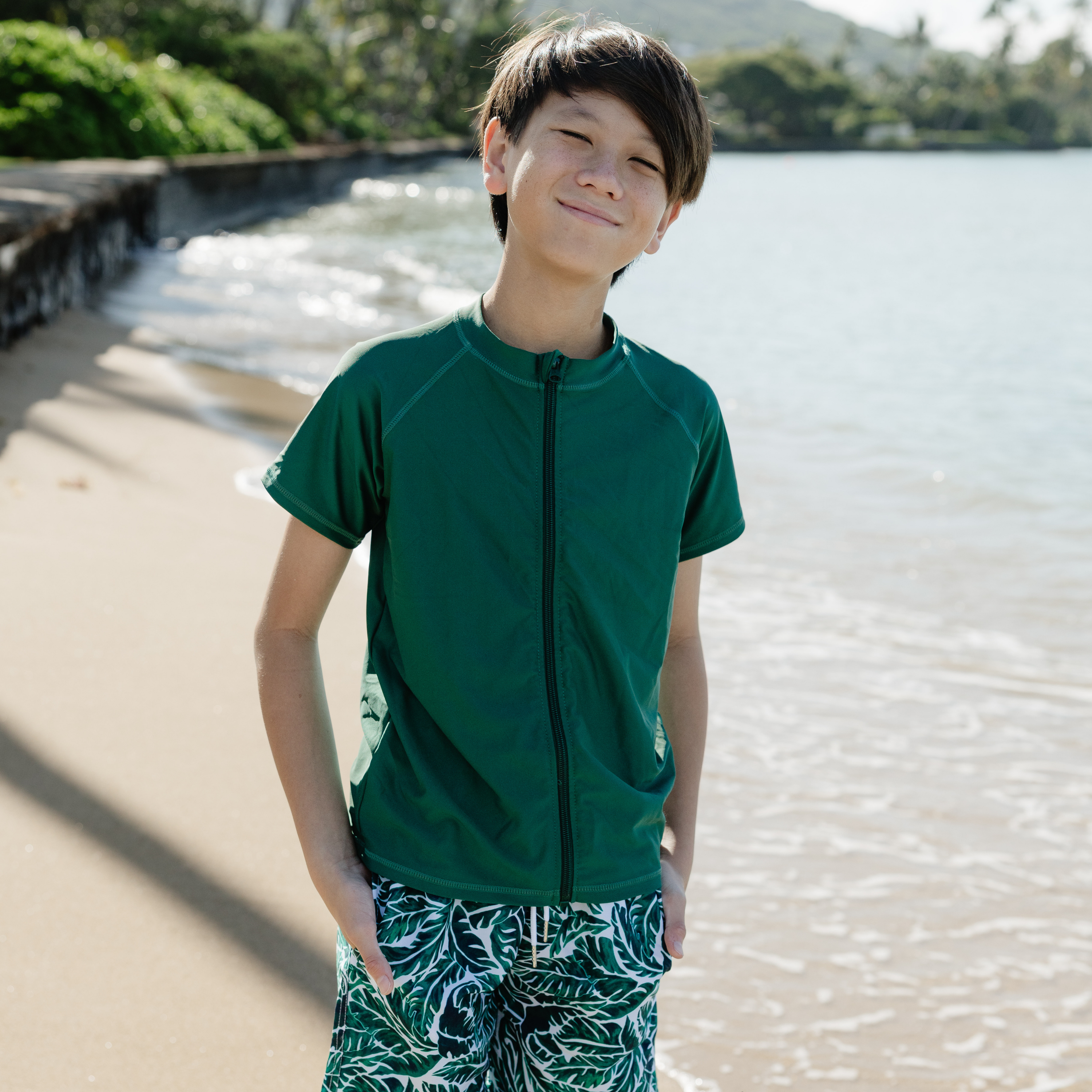 Kids Short Sleeve Zipper Rash Guard Swim Shirt | “Hunter Green”-SwimZip UPF 50+ Sun Protective Swimwear & UV Zipper Rash Guards-pos2