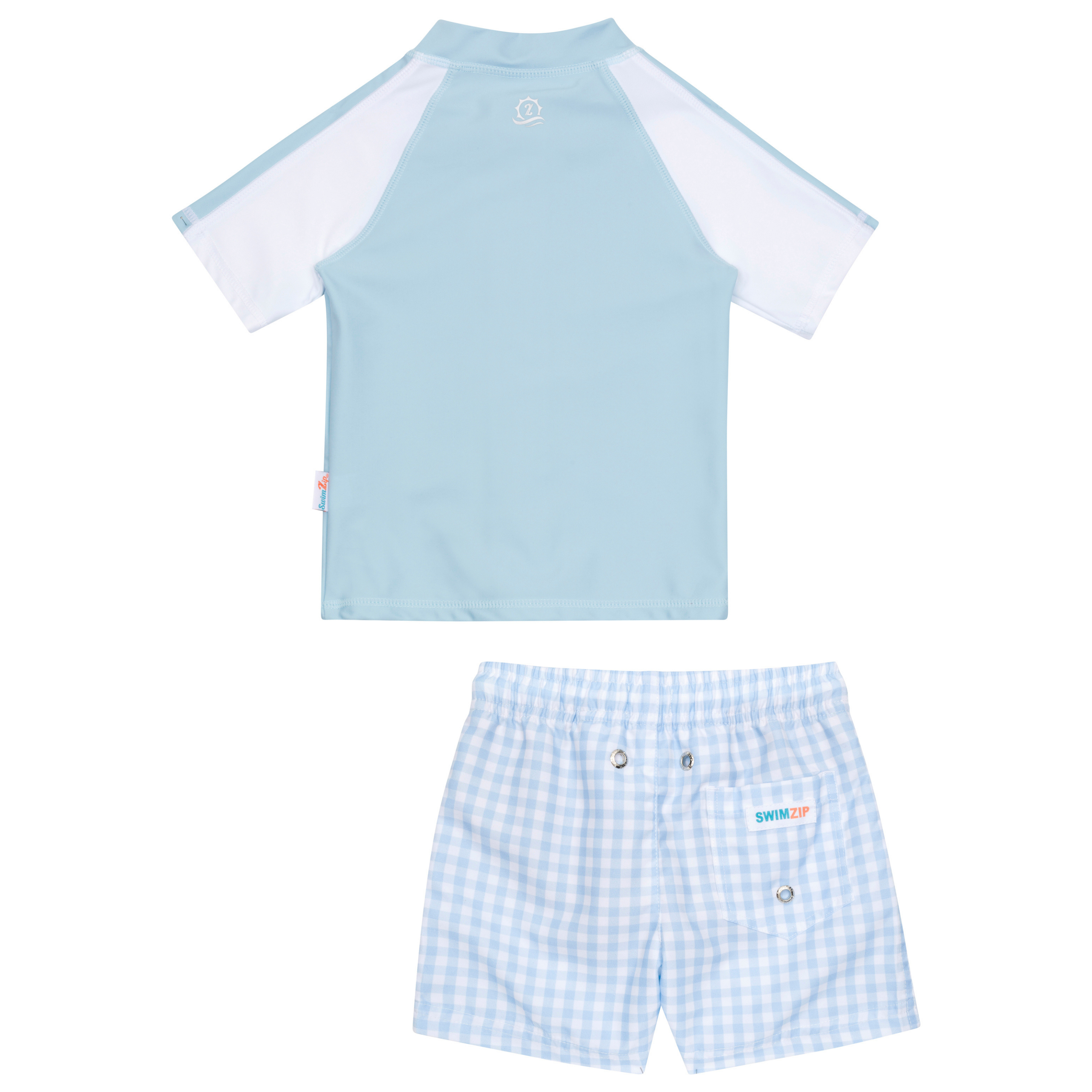 Boys Short Sleeve Zipper Rash Guard and Swim Trunk Set | "Blue Gingham"-SwimZip UPF 50+ Sun Protective Swimwear & UV Zipper Rash Guards-pos9