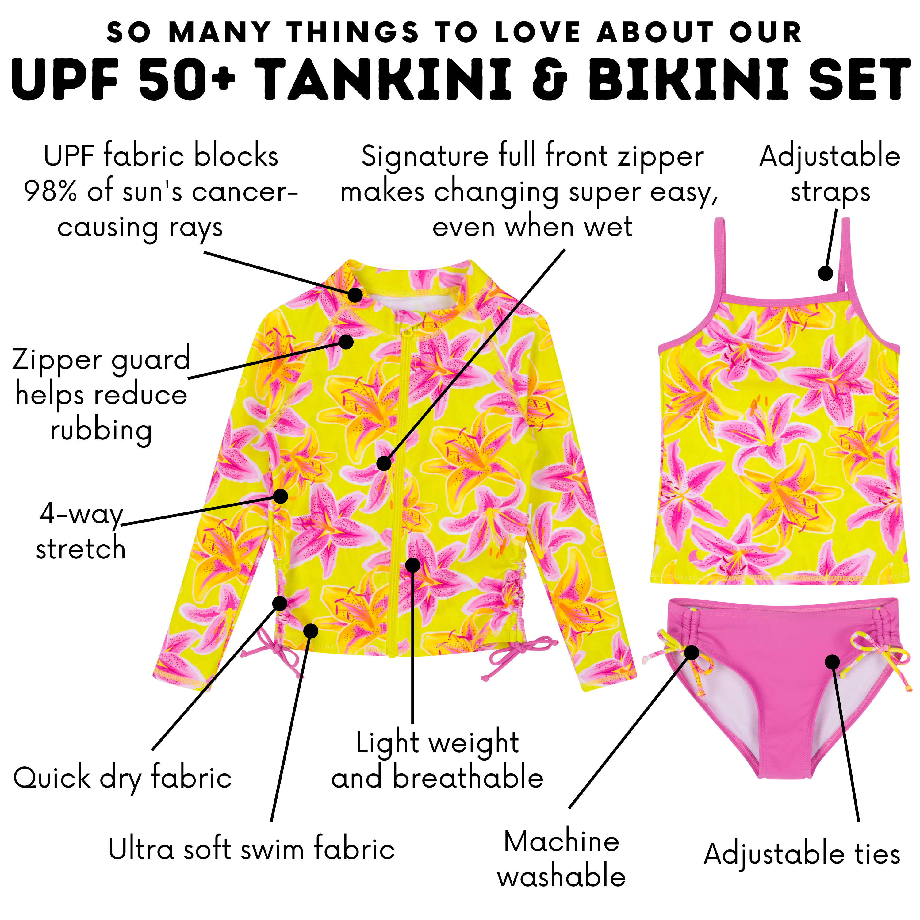 Girls Long Sleeve Rash Guard + Tankini Bikini Set (3 Piece) | "Floral Takeover"-SwimZip UPF 50+ Sun Protective Swimwear & UV Zipper Rash Guards-pos4