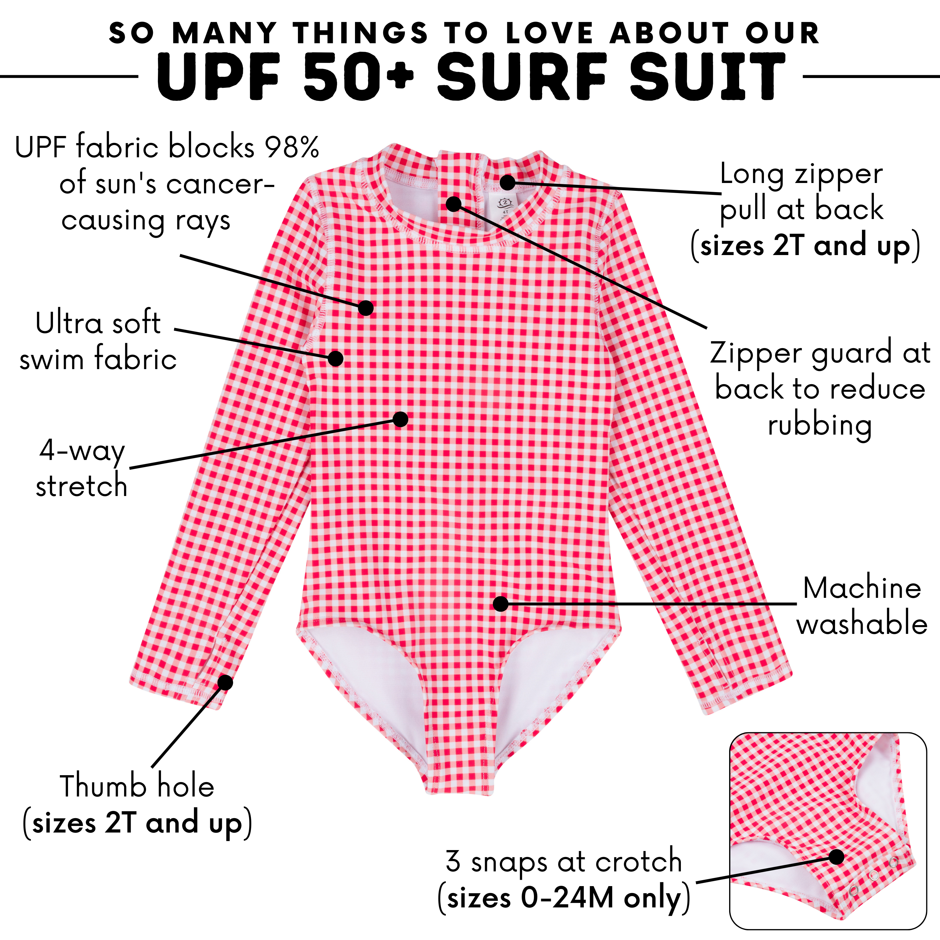 Girls Long Sleeve Surf Suit (One Piece Bodysuit) | "Red Gingham"-SwimZip UPF 50+ Sun Protective Swimwear & UV Zipper Rash Guards-pos4