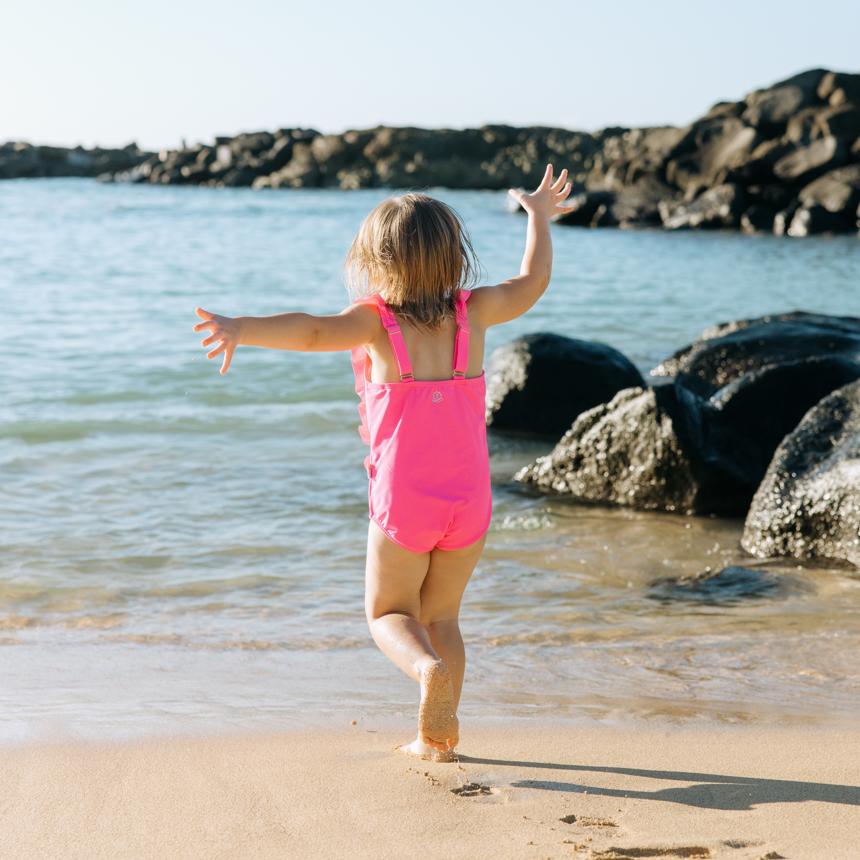 Girls Ruffle One-Piece Swimsuit | "Too Sweet" Neon Pink-SwimZip UPF 50+ Sun Protective Swimwear & UV Zipper Rash Guards-pos10