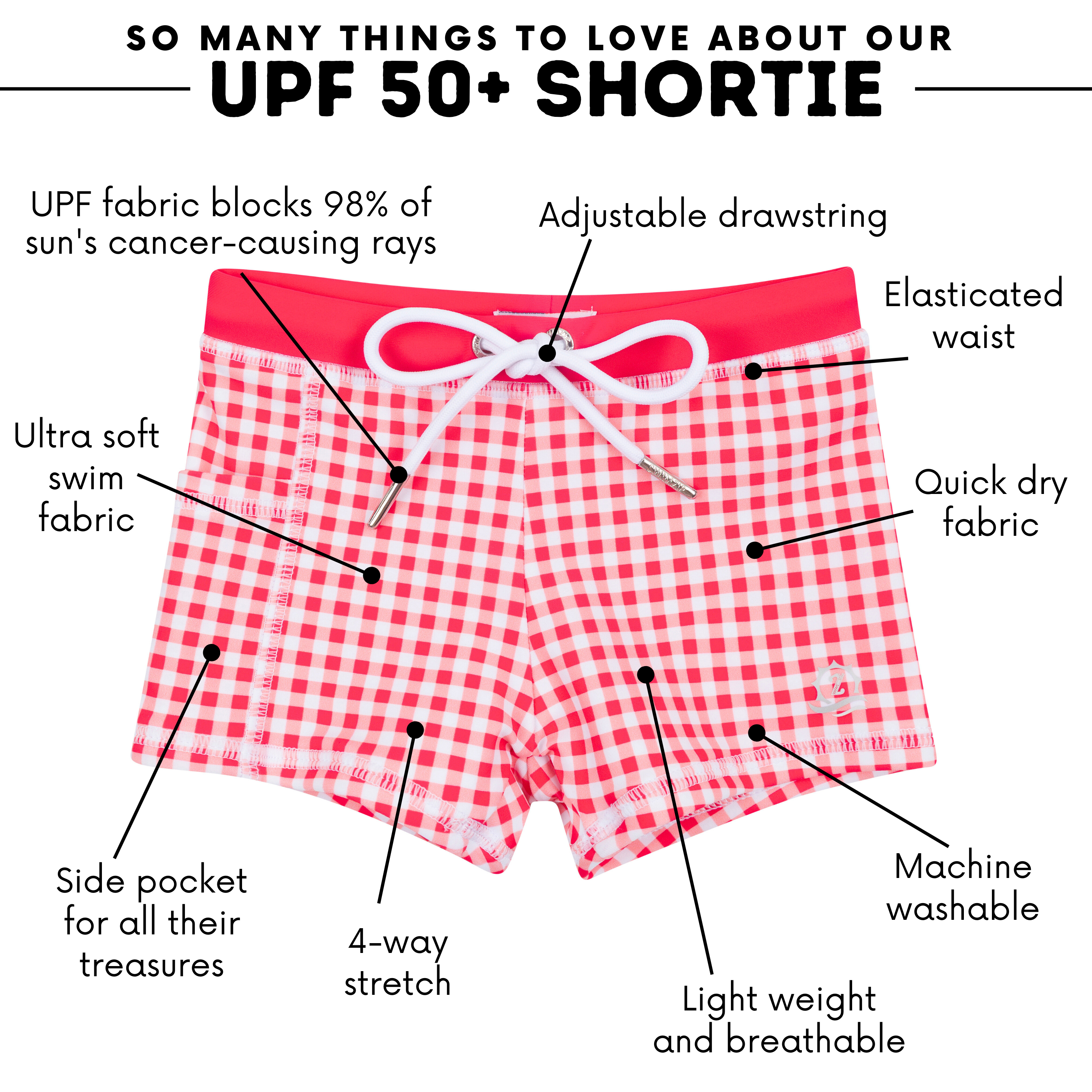 Kids Euro Swim Shorties | "Red Gingham"-SwimZip UPF 50+ Sun Protective Swimwear & UV Zipper Rash Guards-pos4