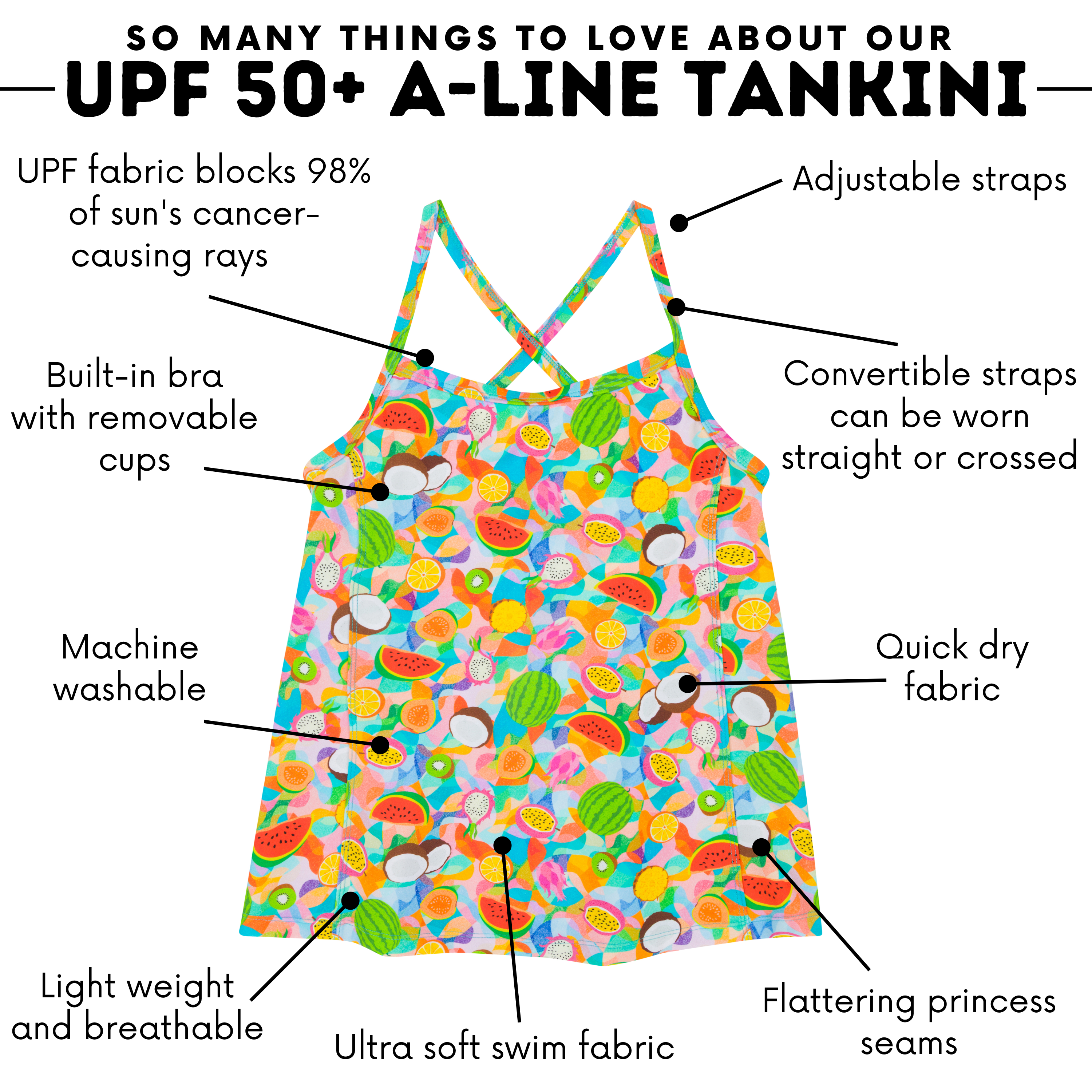 Women’s Strappy A-Line Tankini Top | “Fruit Salad"-SwimZip UPF 50+ Sun Protective Swimwear & UV Zipper Rash Guards-pos4