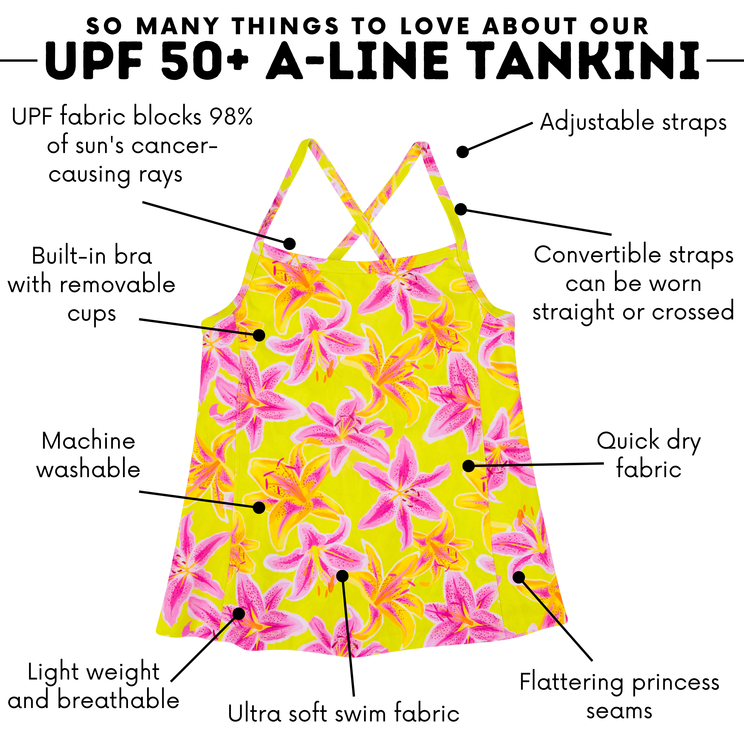 Women’s Strappy A-Line Tankini Top | “Floral Takeover"-SwimZip UPF 50+ Sun Protective Swimwear & UV Zipper Rash Guards-pos4