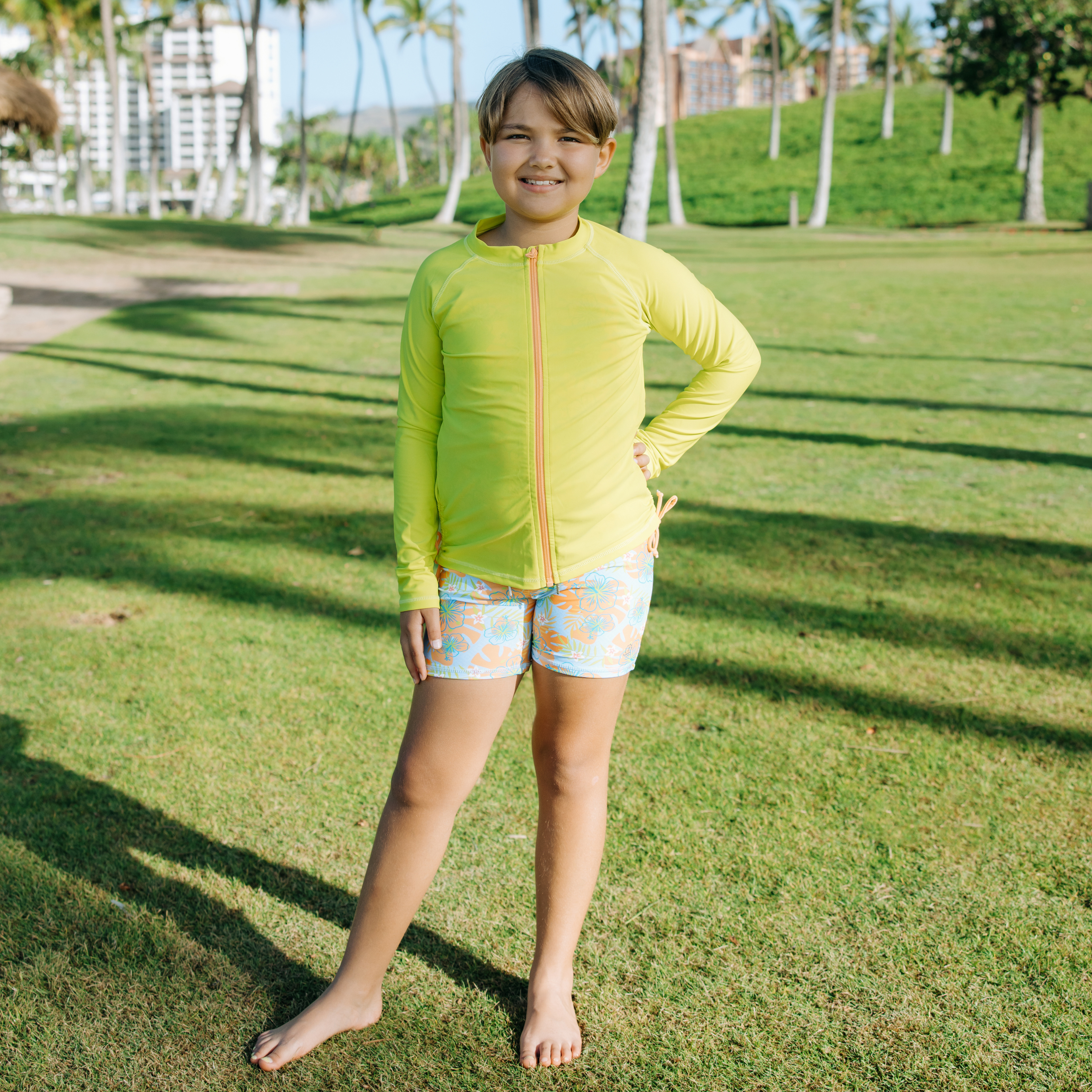 Girls Long Sleeve Rash Guard + Tankini Shorts Set (3 Piece) | "Groovy"-SwimZip UPF 50+ Sun Protective Swimwear & UV Zipper Rash Guards-pos2