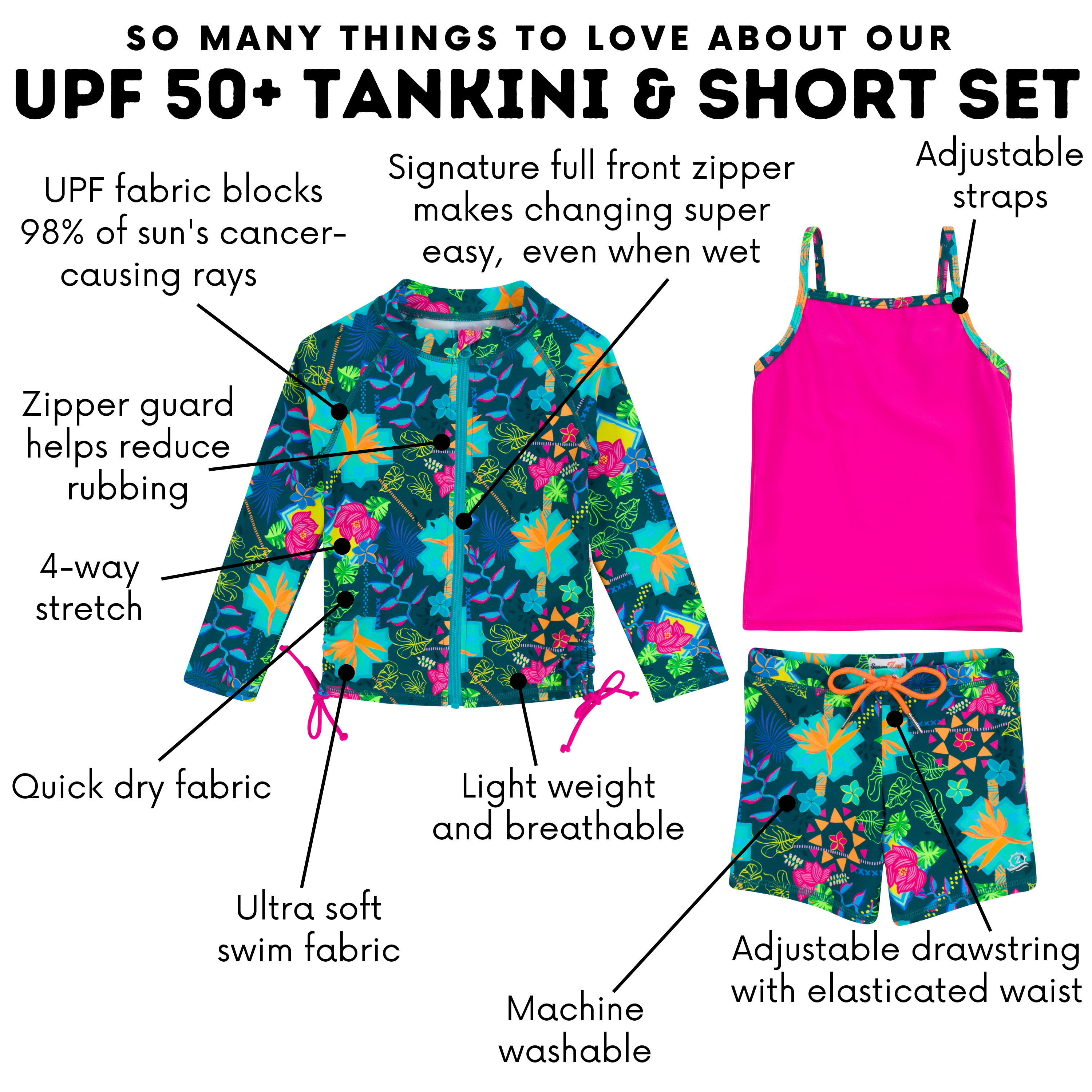 Girls Long Sleeve Rash Guard + Tankini Shorts Set (3 Piece) | "Summer Max"-SwimZip UPF 50+ Sun Protective Swimwear & UV Zipper Rash Guards-pos4