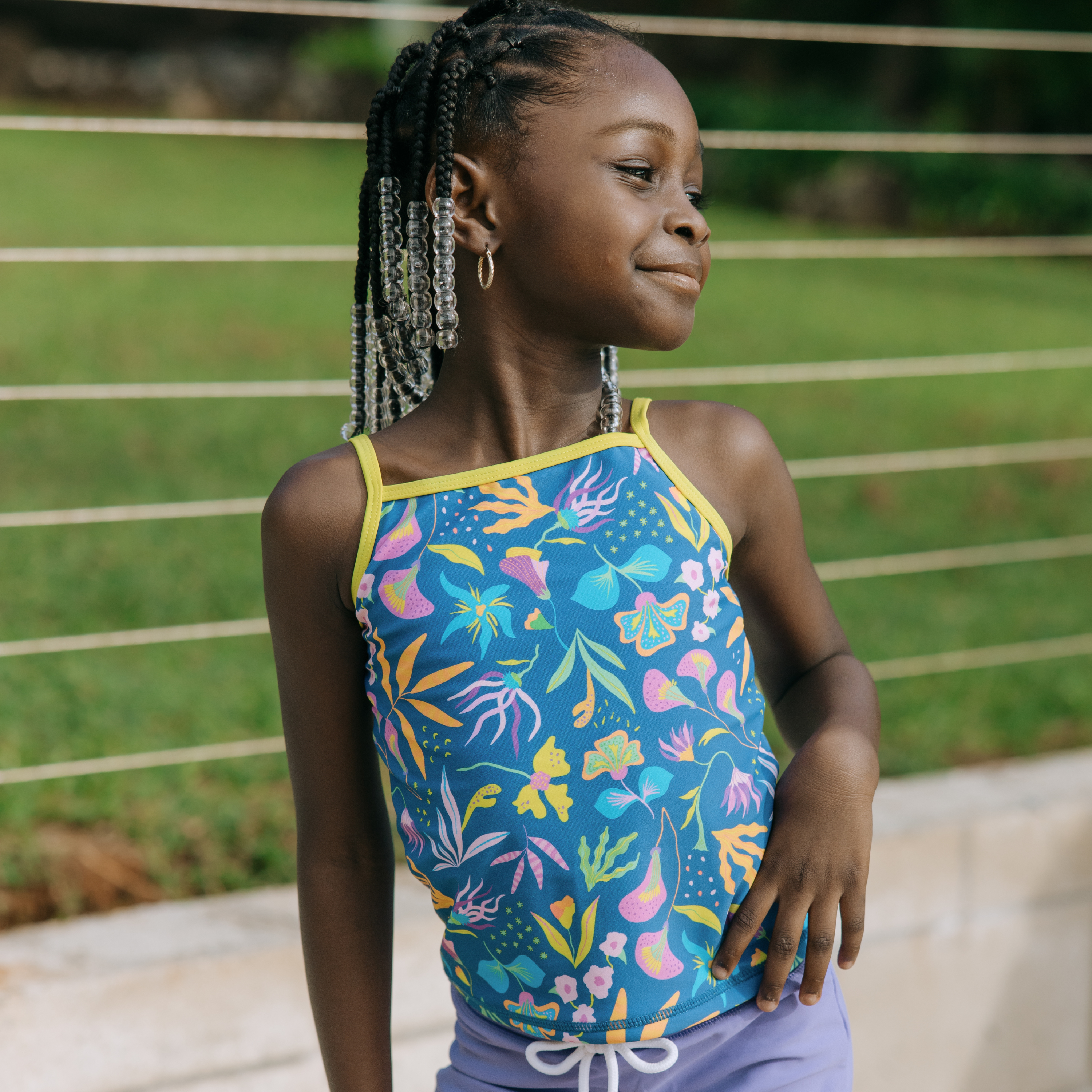 Girls Long Sleeve Rash Guard + Tankini Shorts Set (3 Piece) | "Tropadelic"-SwimZip UPF 50+ Sun Protective Swimwear & UV Zipper Rash Guards-pos9