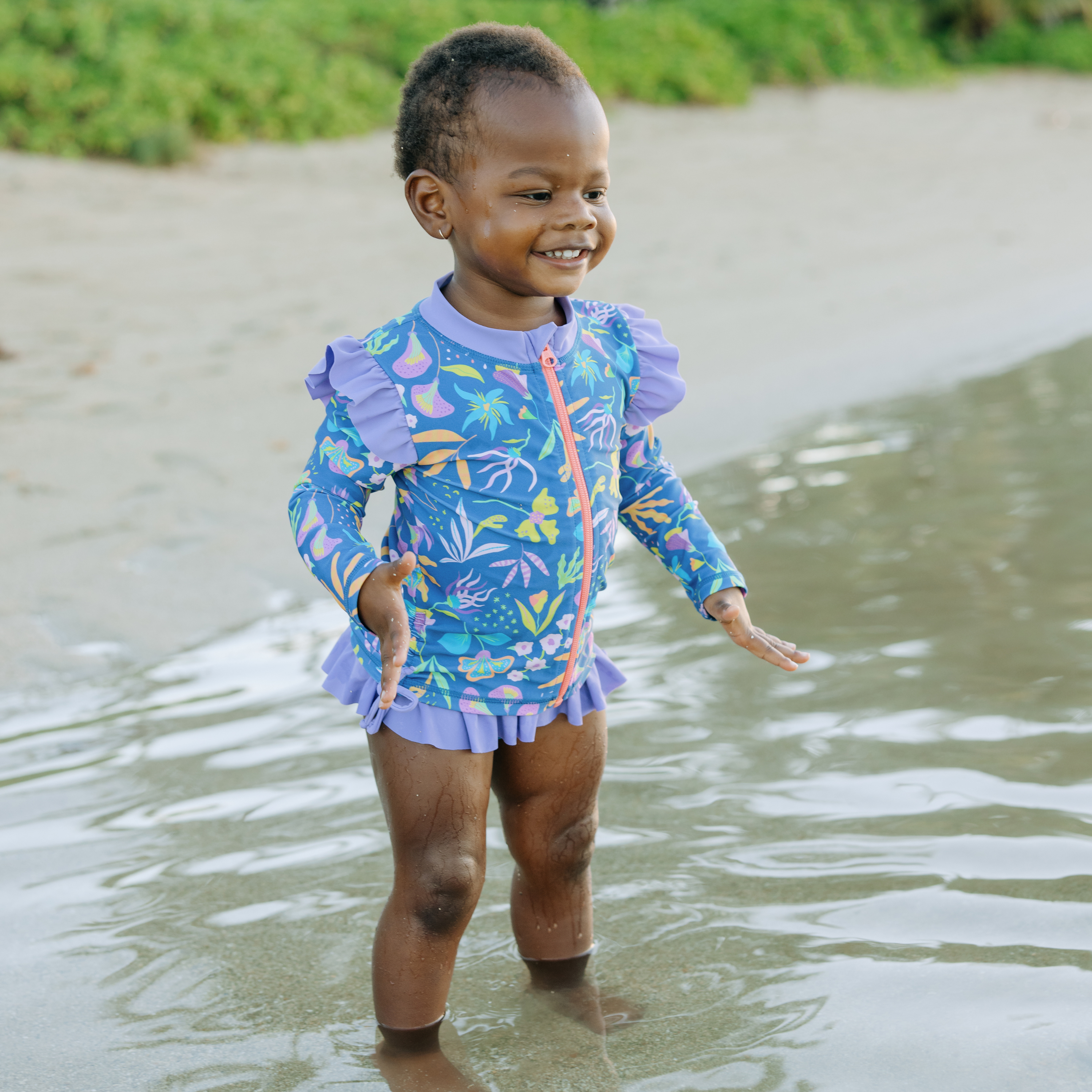 Girls Long Sleeve Rash Guard Ruffle Bottom Swimsuit Set (2 Piece) | "Tropadelic"-SwimZip UPF 50+ Sun Protective Swimwear & UV Zipper Rash Guards-pos11