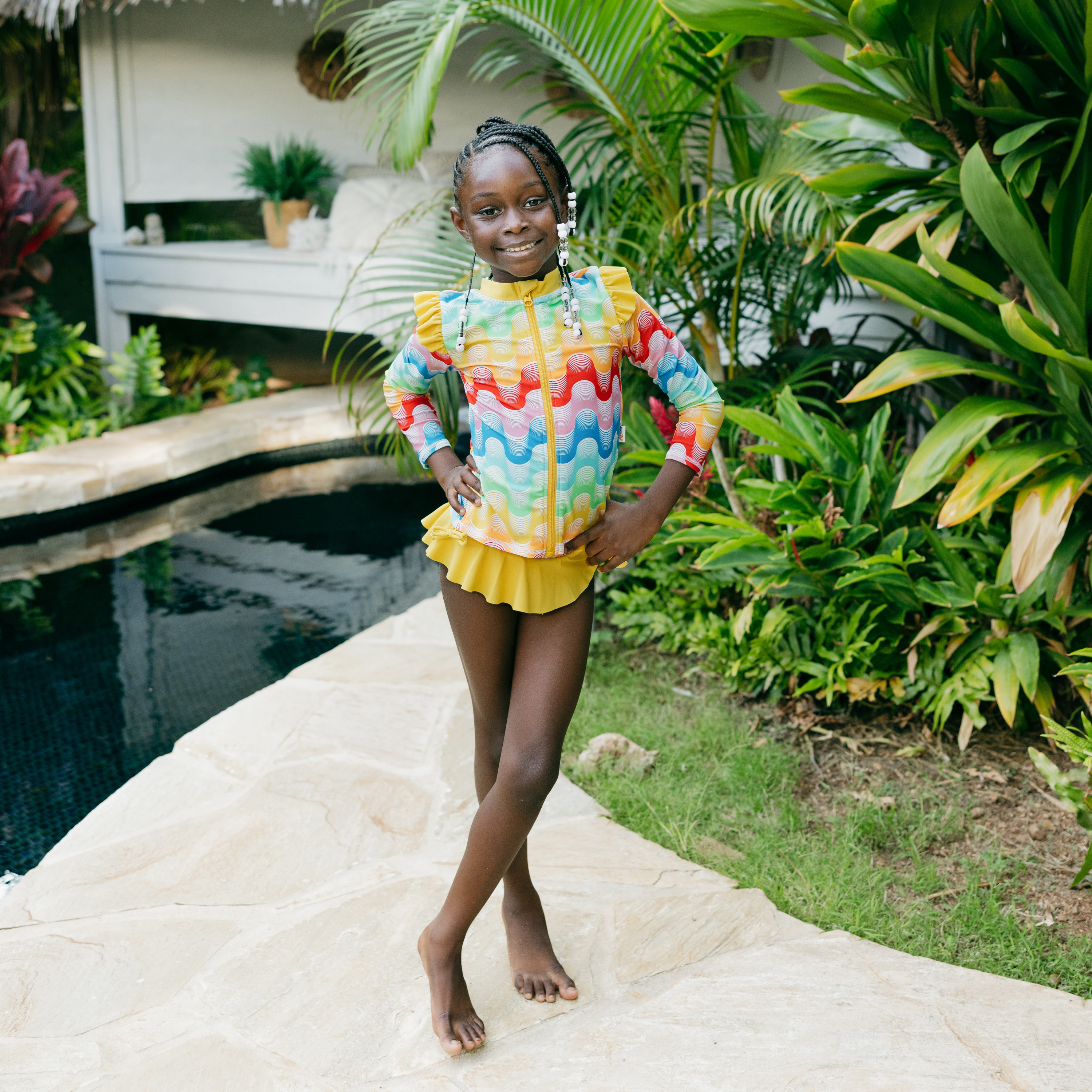 Girls Long Sleeve Rash Guard Ruffle Bottom Swimsuit Set (2 Piece) | "Surf's Up"-SwimZip UPF 50+ Sun Protective Swimwear & UV Zipper Rash Guards-pos6