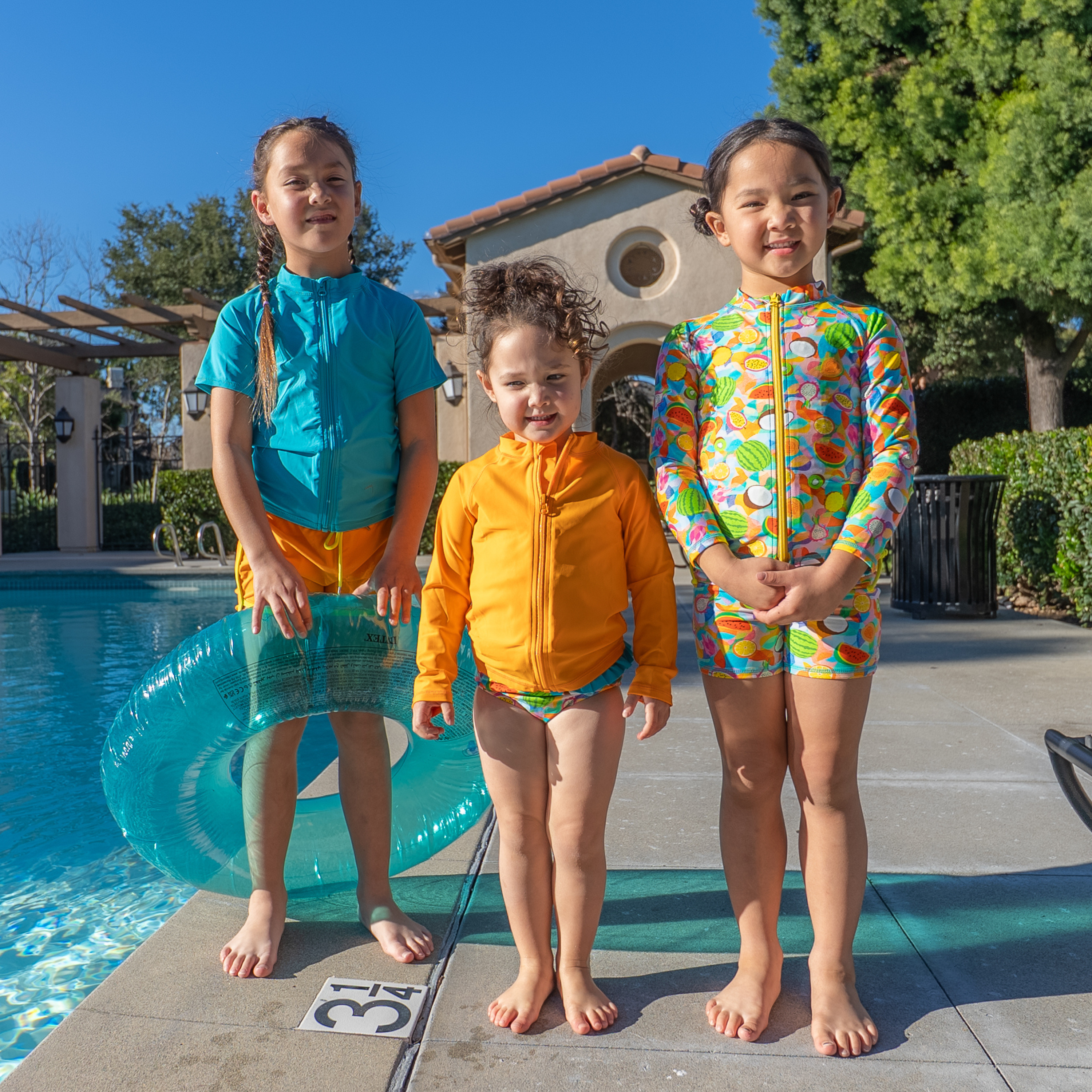 Girls Long Sleeve Rash Guard + Smocked Tankini Shorts Set (3 Piece) | "Fruit Salad"-SwimZip UPF 50+ Sun Protective Swimwear & UV Zipper Rash Guards-pos9