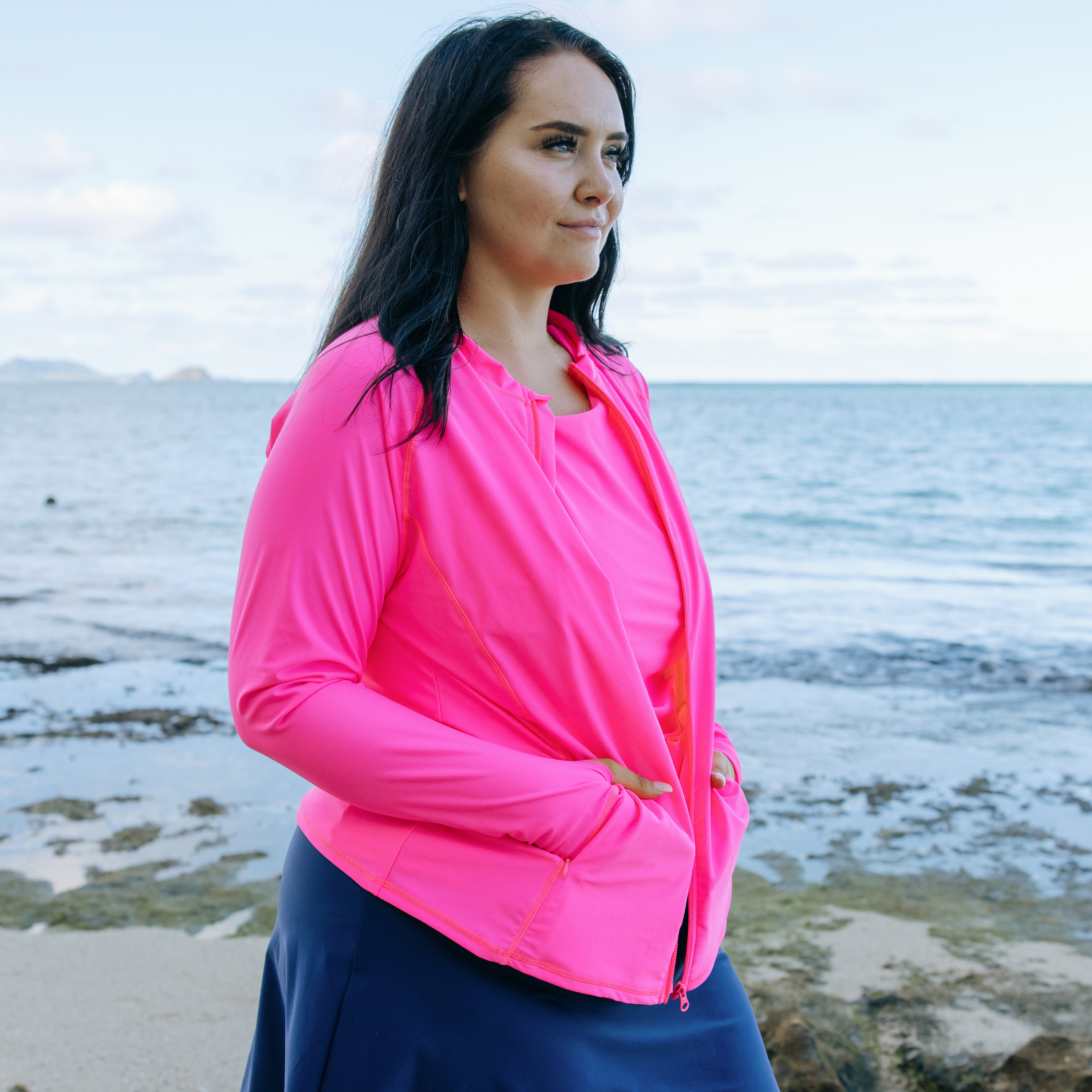 Women's Long Sleeve Rash Guard with Pockets | "Neon Pink"-SwimZip UPF 50+ Sun Protective Swimwear & UV Zipper Rash Guards-pos10