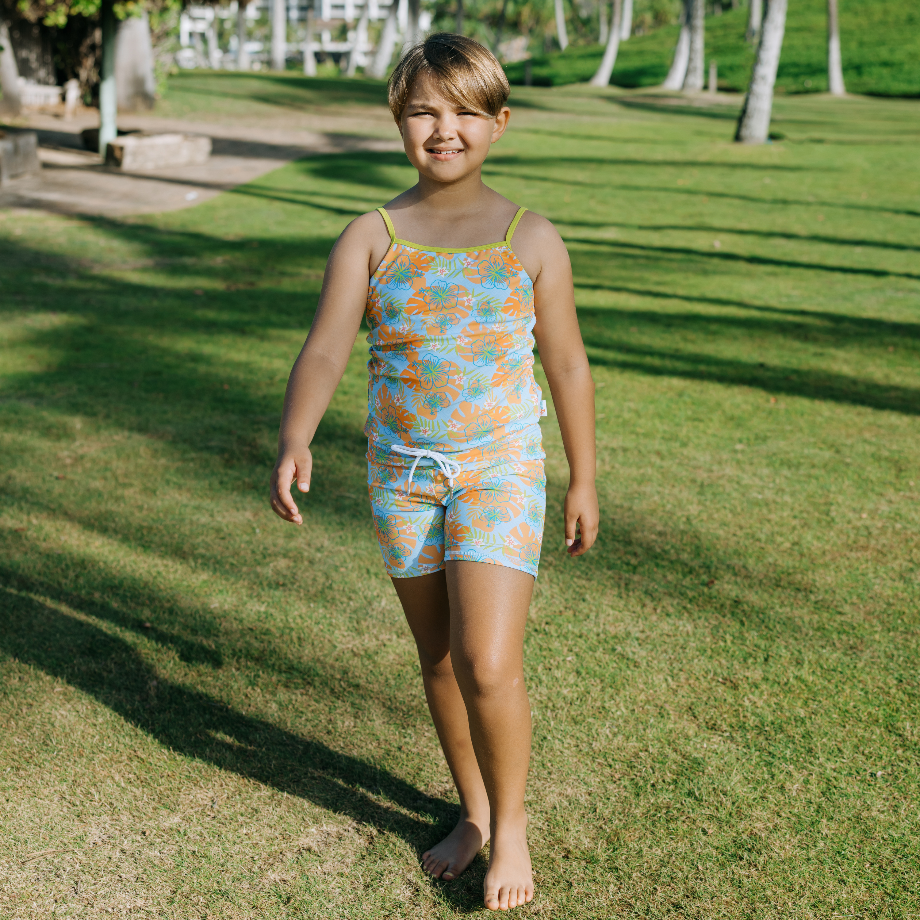 Girls Long Sleeve Rash Guard + Tankini Shorts Set (3 Piece) | "Groovy"-SwimZip UPF 50+ Sun Protective Swimwear & UV Zipper Rash Guards-pos5