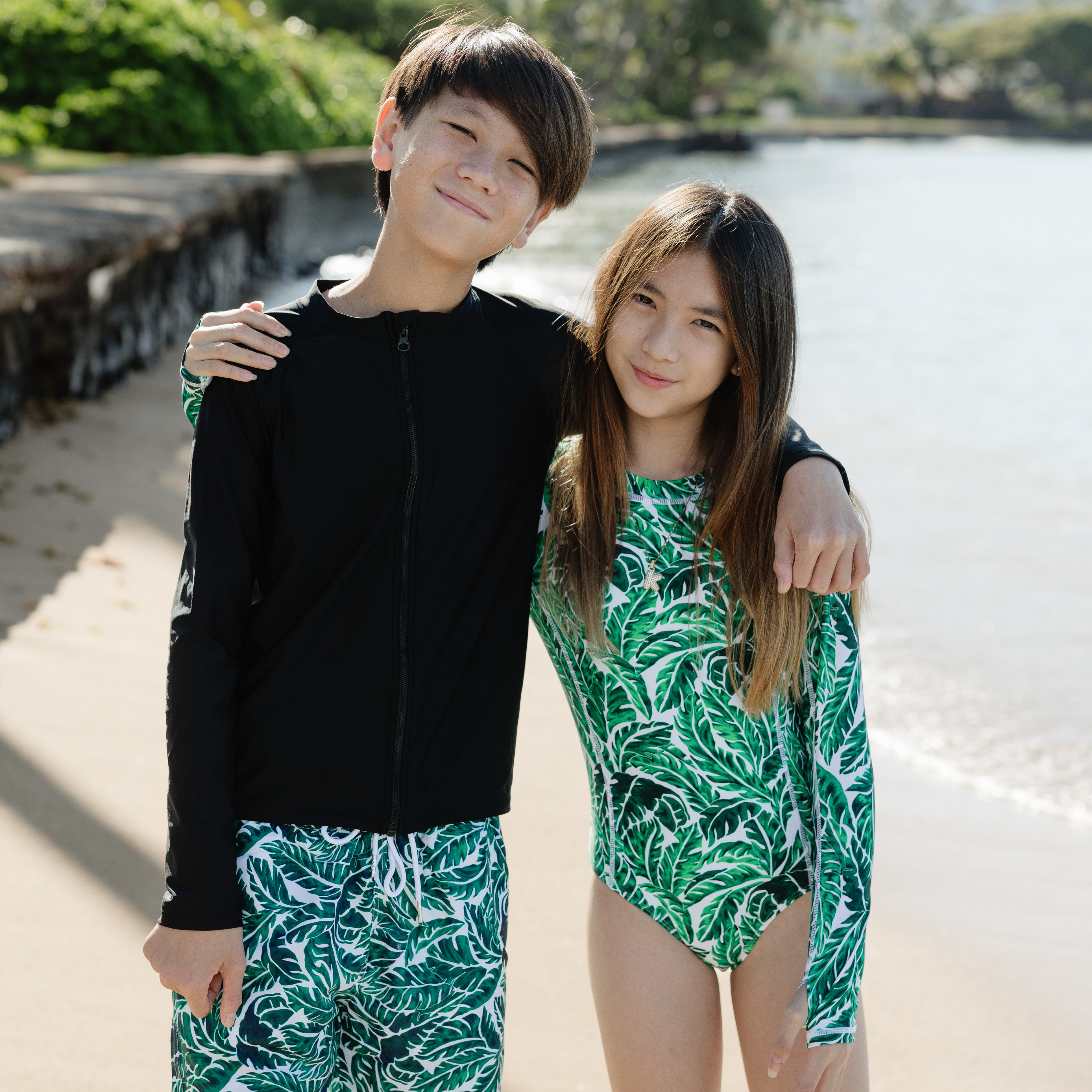 Girls Long Sleeve Surf Suit (One Piece Bodysuit) | "Palm Leaf"-SwimZip UPF 50+ Sun Protective Swimwear & UV Zipper Rash Guards-pos10