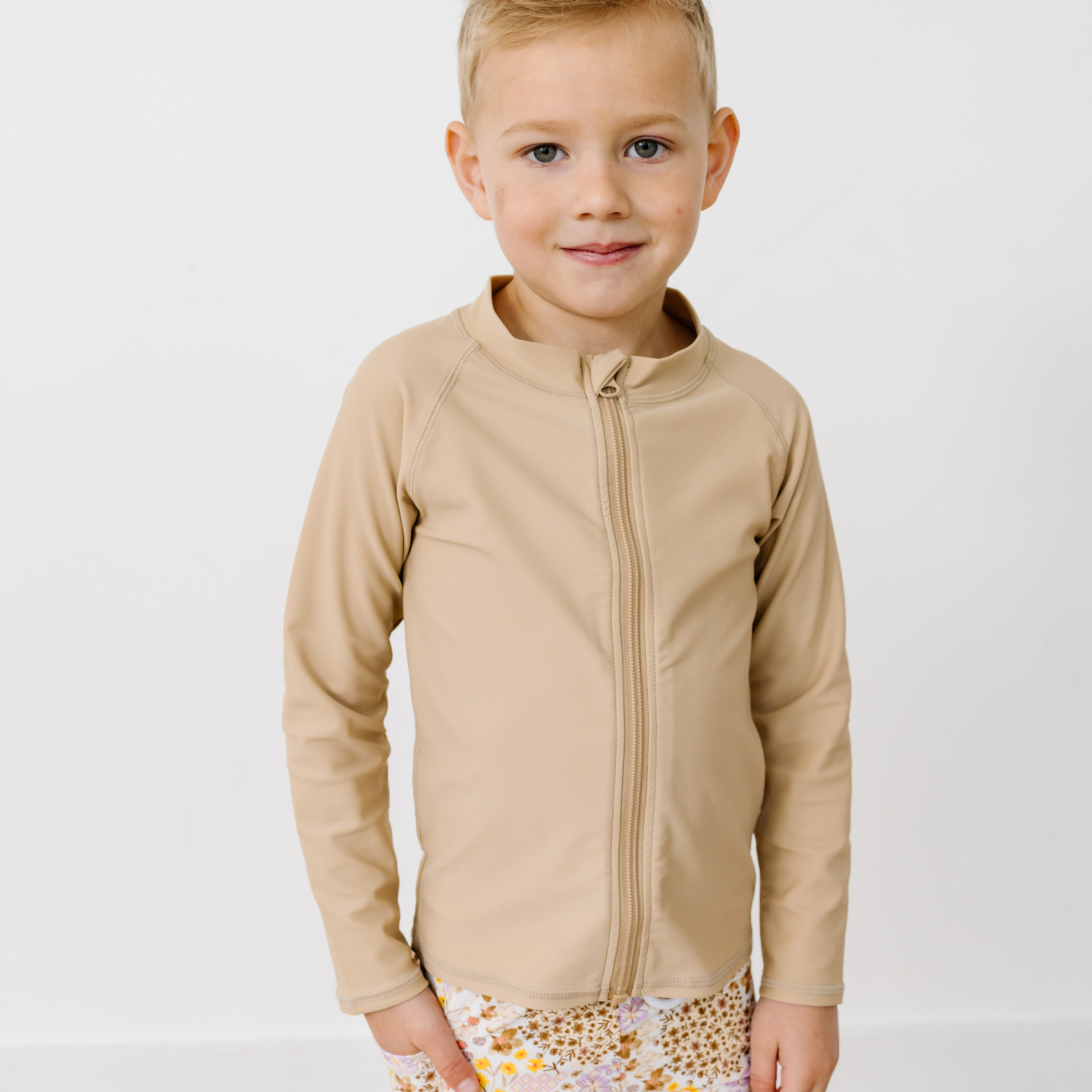 Kids UPF 50+ Long Sleeve Zipper Rash Guard Swim Shirt | "Sandy Beach"-SwimZip UPF 50+ Sun Protective Swimwear & UV Zipper Rash Guards-pos3