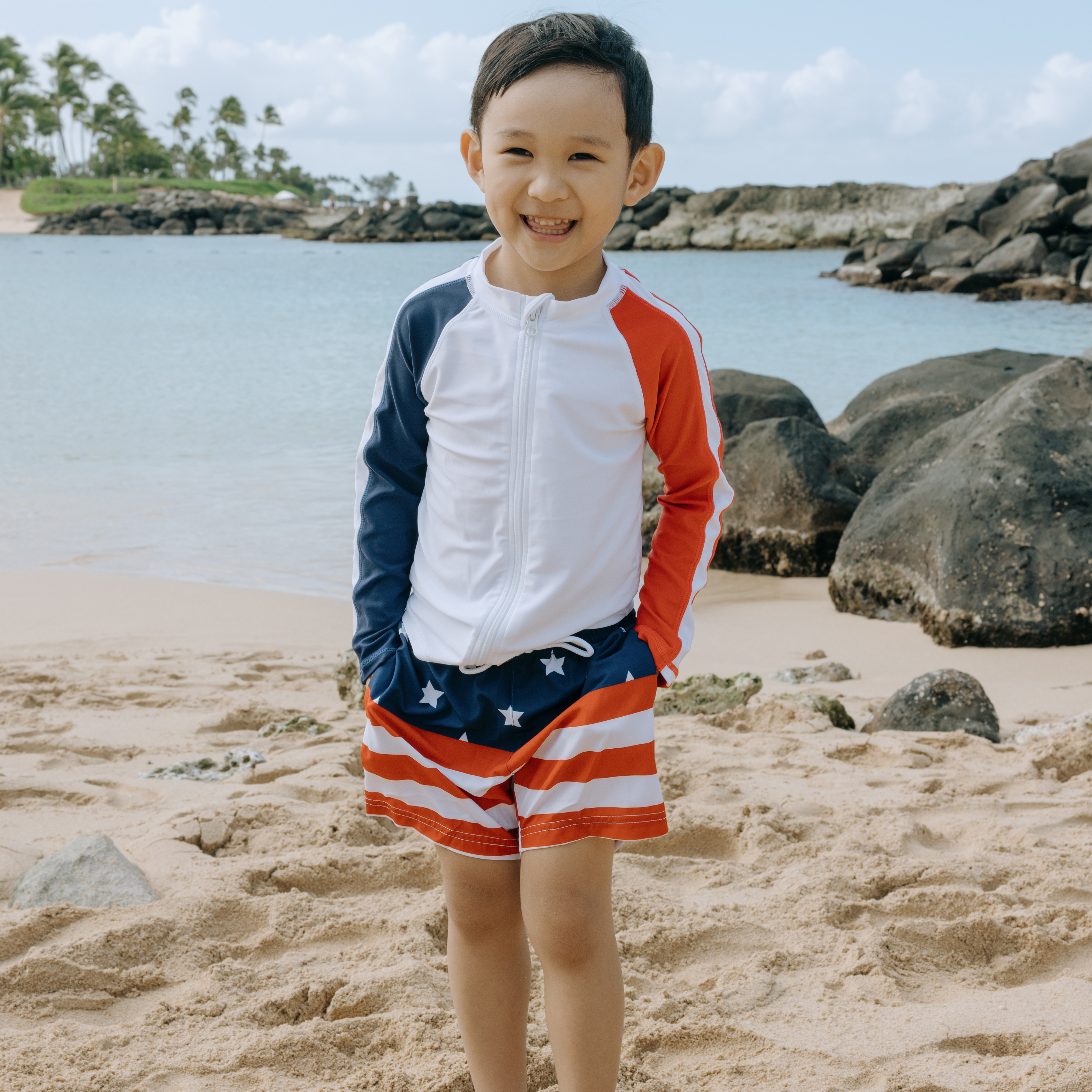 Boys Long Sleeve Zipper Rash Guard and Swim Trunk Set | "Americana"-SwimZip UPF 50+ Sun Protective Swimwear & UV Zipper Rash Guards-pos6