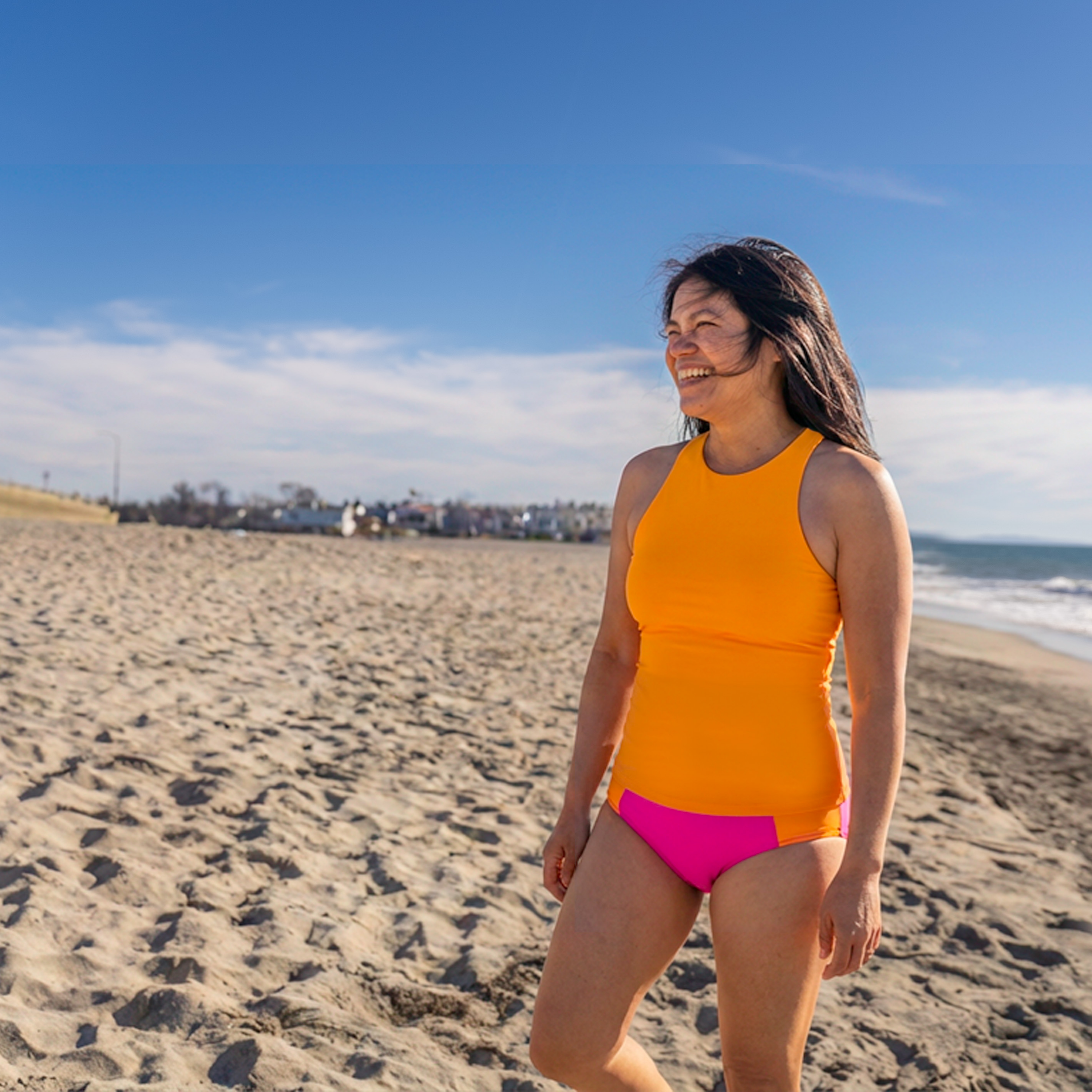 Women’s High Neck Fitted Tankini Top | “Orange"-SwimZip UPF 50+ Sun Protective Swimwear & UV Zipper Rash Guards-pos3