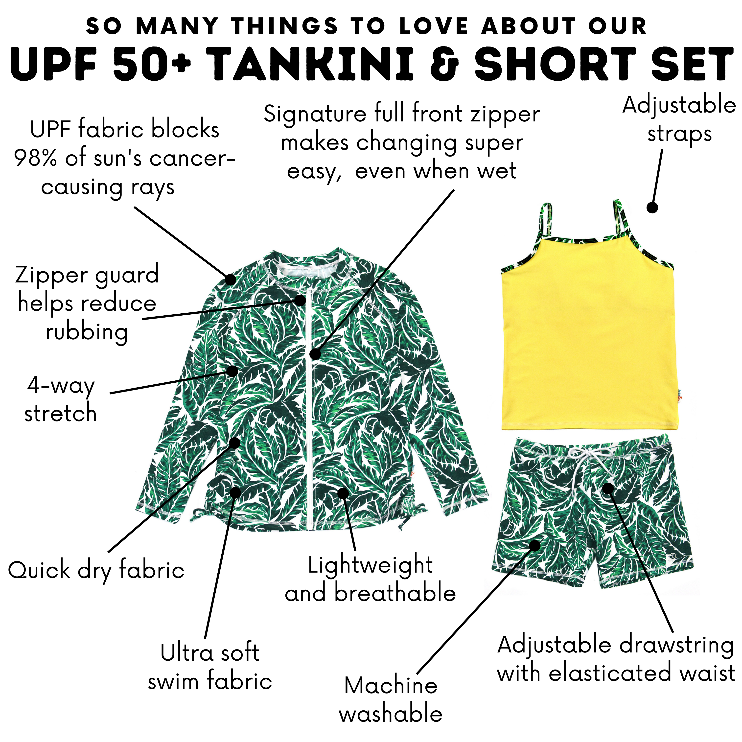 Girls Long Sleeve Rash Guard + Tankini Shorts Set (3 Piece) | "Palm Leaf"-SwimZip UPF 50+ Sun Protective Swimwear & UV Zipper Rash Guards-pos4