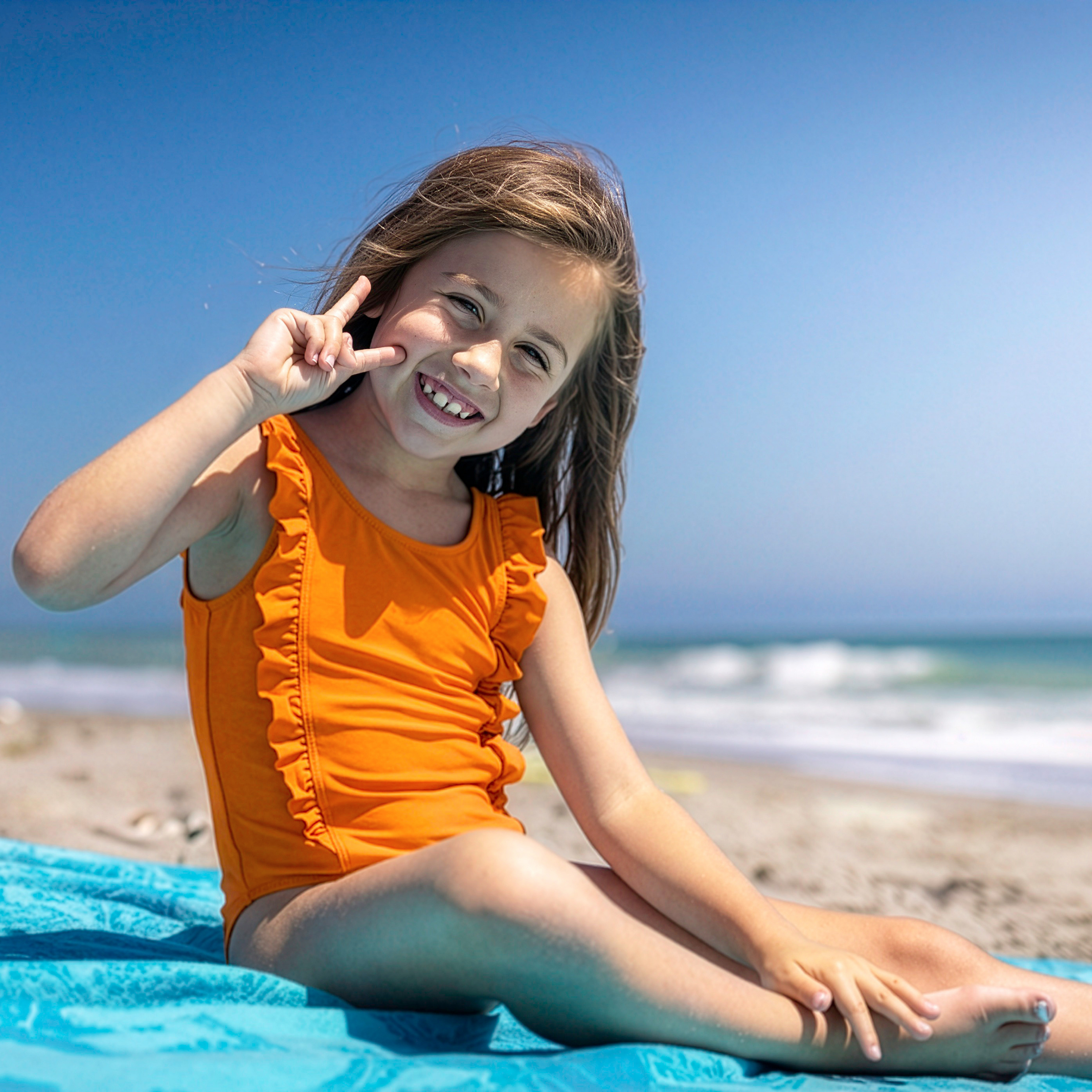 Girls Ruffle One-Piece Swimsuit | "Orange"-SwimZip UPF 50+ Sun Protective Swimwear & UV Zipper Rash Guards-pos2