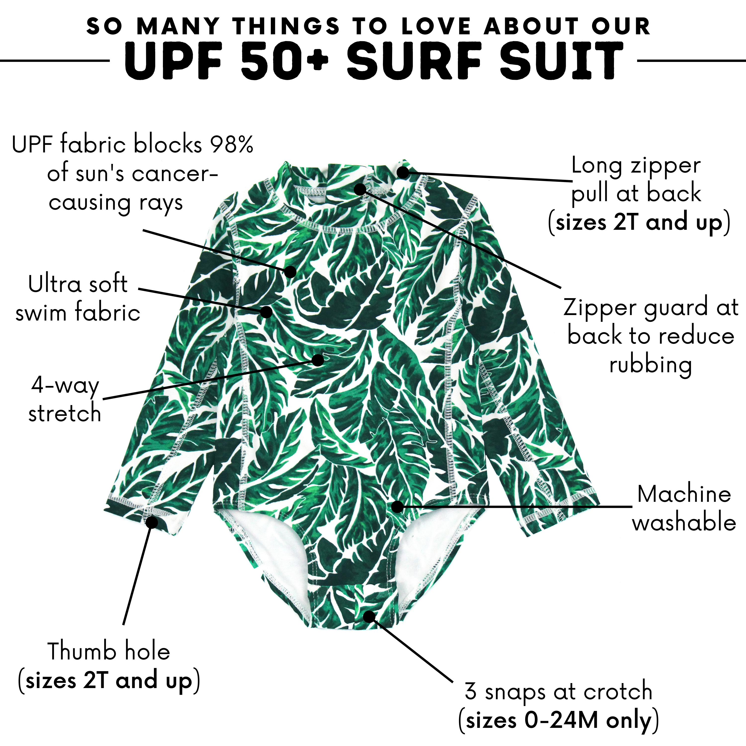 Girls Long Sleeve Surf Suit (One Piece Bodysuit) | "Palm Leaf"-SwimZip UPF 50+ Sun Protective Swimwear & UV Zipper Rash Guards-pos4