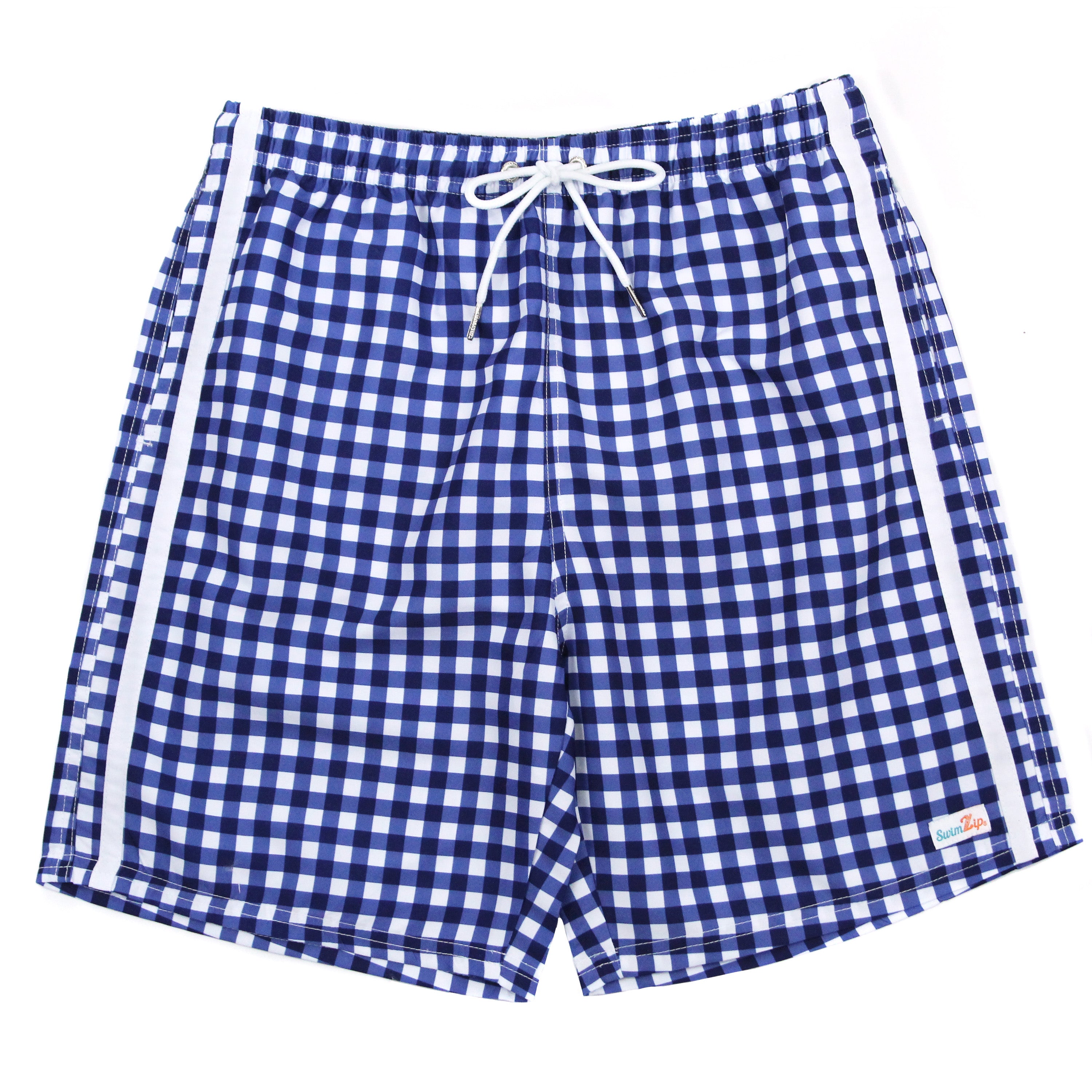 Men's 8" Swim Trunks Boxer Brief Liner | "Navy Gingham"-S-Navy Gingham-SwimZip UPF 50+ Sun Protective Swimwear & UV Zipper Rash Guards-pos1