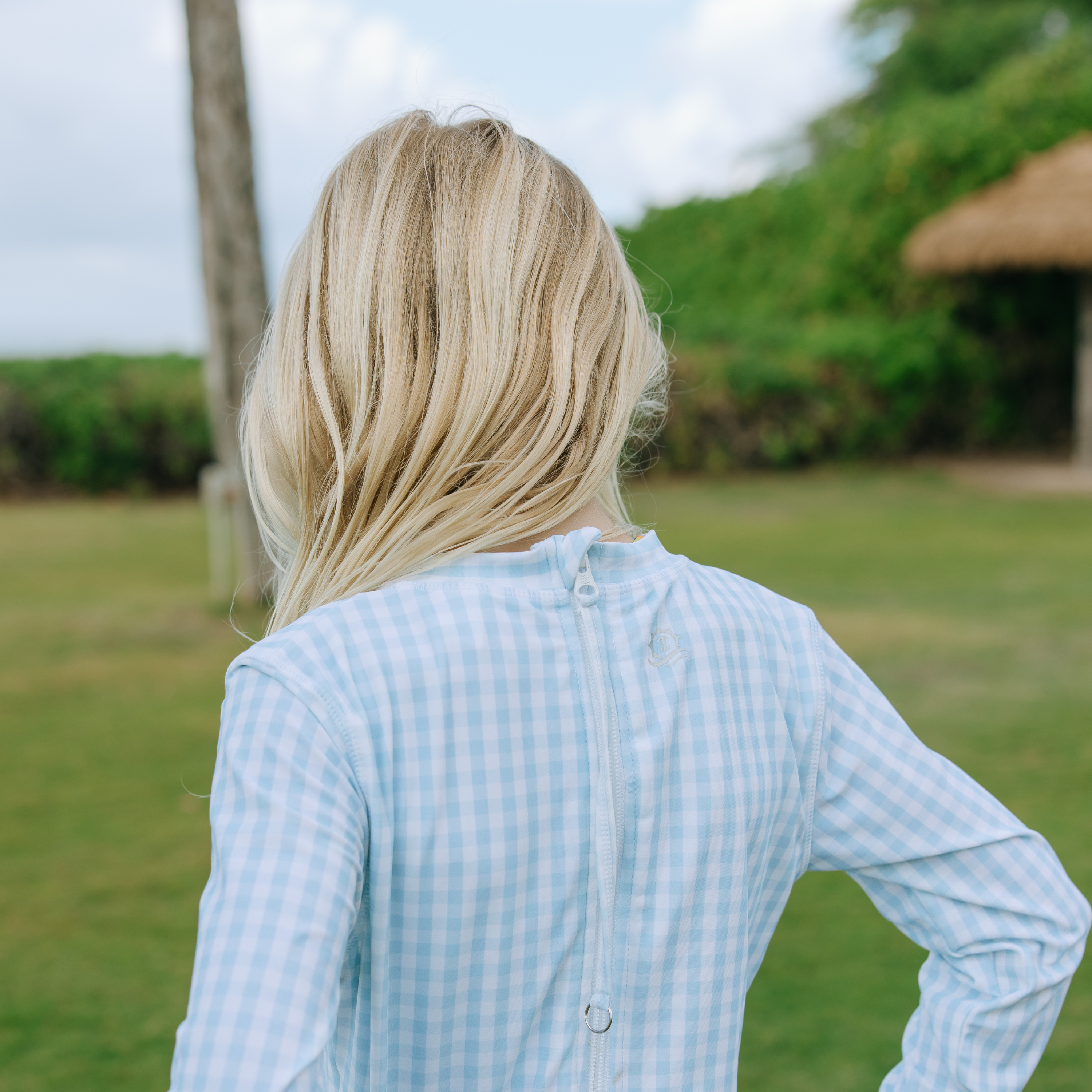 Girls Long Sleeve Surf Suit (One Piece Bodysuit) | "Blue Gingham"-SwimZip UPF 50+ Sun Protective Swimwear & UV Zipper Rash Guards-pos4