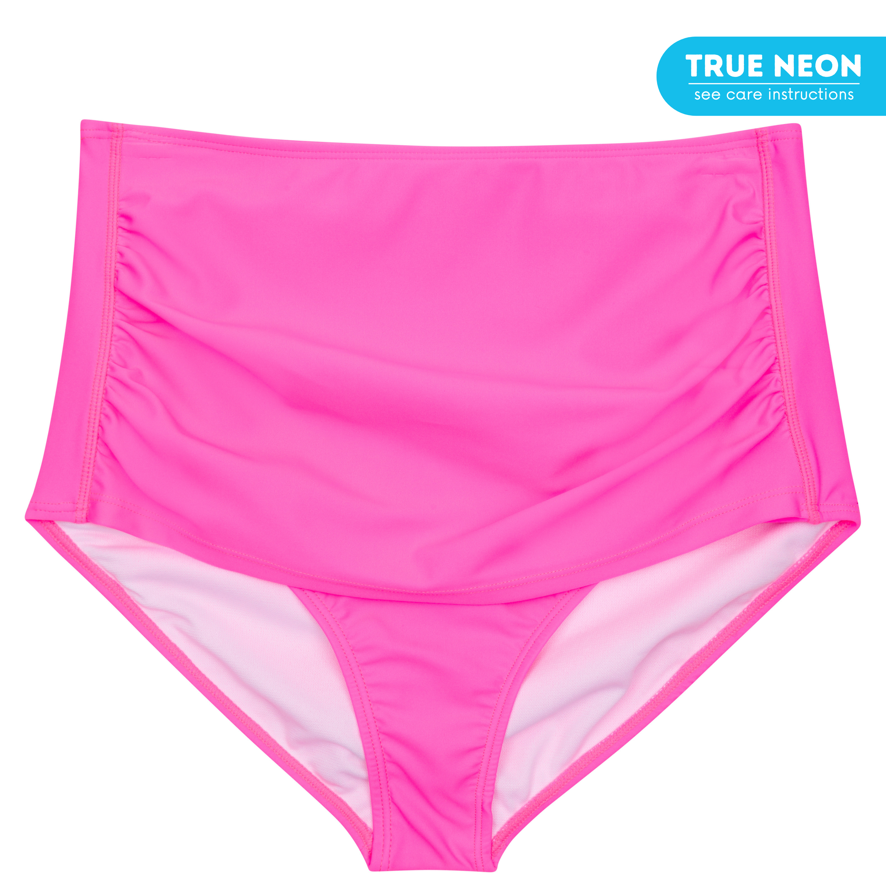 Women's High Waist Bikini Bottoms Ruched | "Neon Pink"-XS-Neon Pink-SwimZip UPF 50+ Sun Protective Swimwear & UV Zipper Rash Guards-pos1