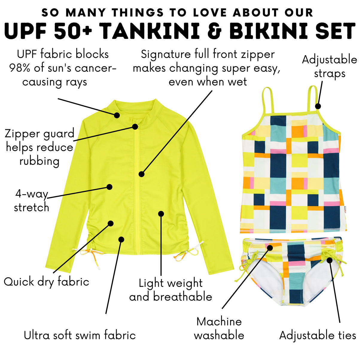 *Girls Long Sleeve Rash Guard + Tankini Bikini Set (3 Piece) | "Check It Out"-SwimZip UPF 50+ Sun Protective Swimwear & UV Zipper Rash Guards-pos4