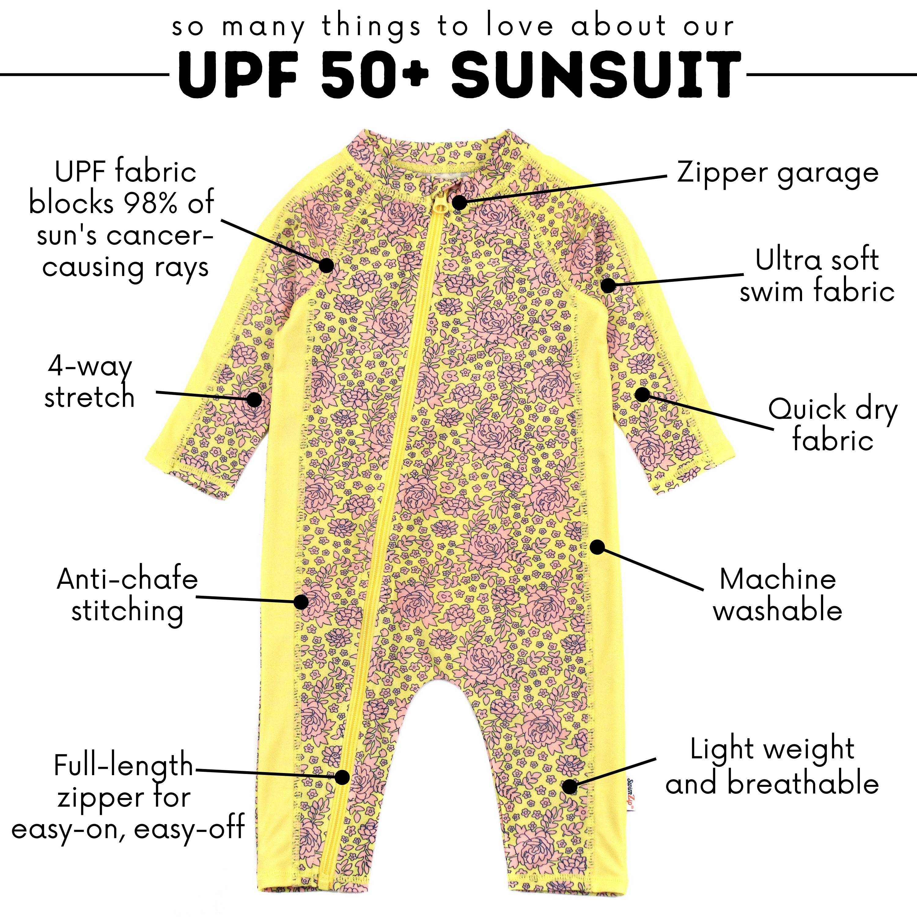 Sunsuit - Long Sleeve Romper Swimsuit | "Ditsy Floral"-SwimZip UPF 50+ Sun Protective Swimwear & UV Zipper Rash Guards-pos4