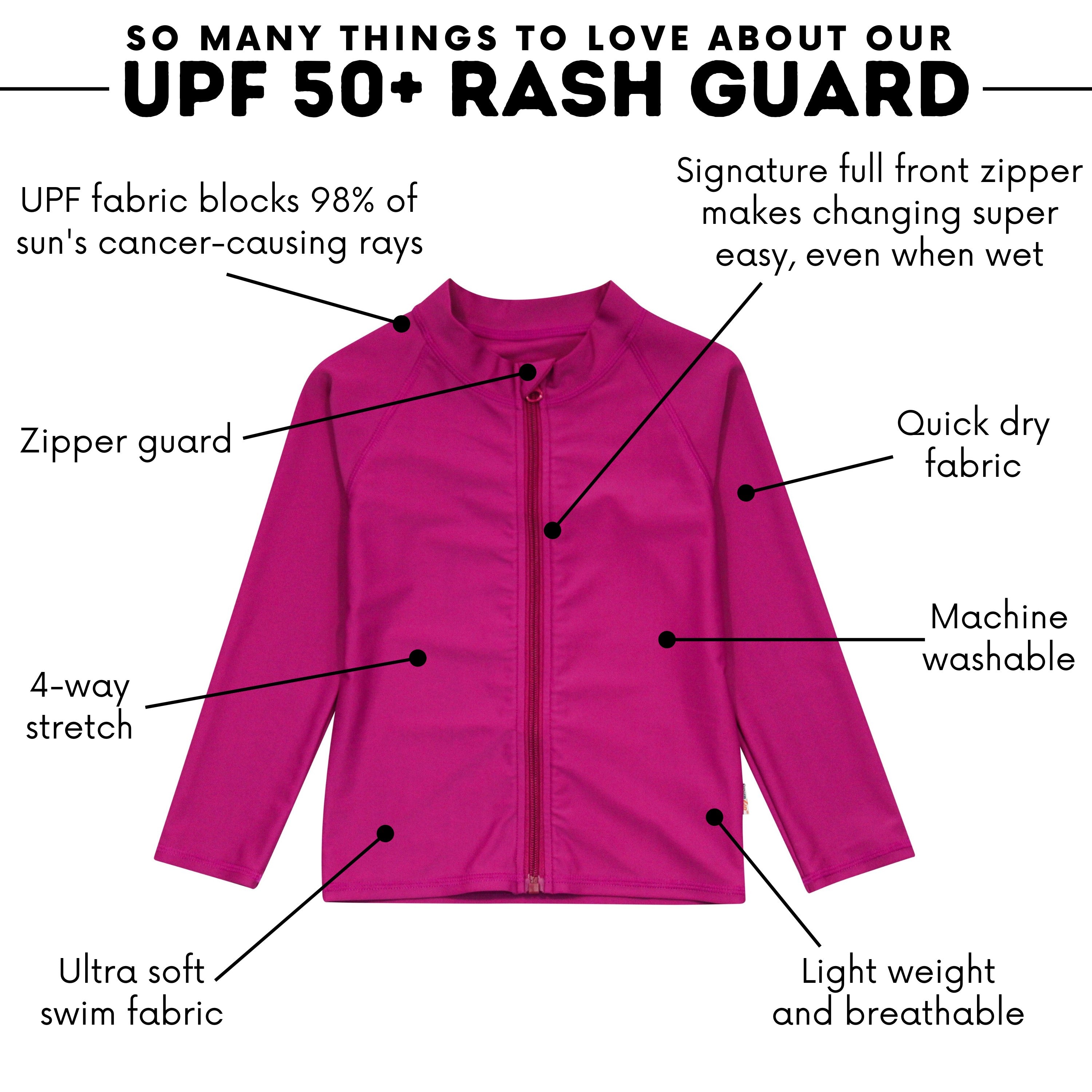 Kids UPF 50+ Long Sleeve Zipper Rash Guard Swim Shirt | "Fuchsia”-SwimZip UPF 50+ Sun Protective Swimwear & UV Zipper Rash Guards-pos4