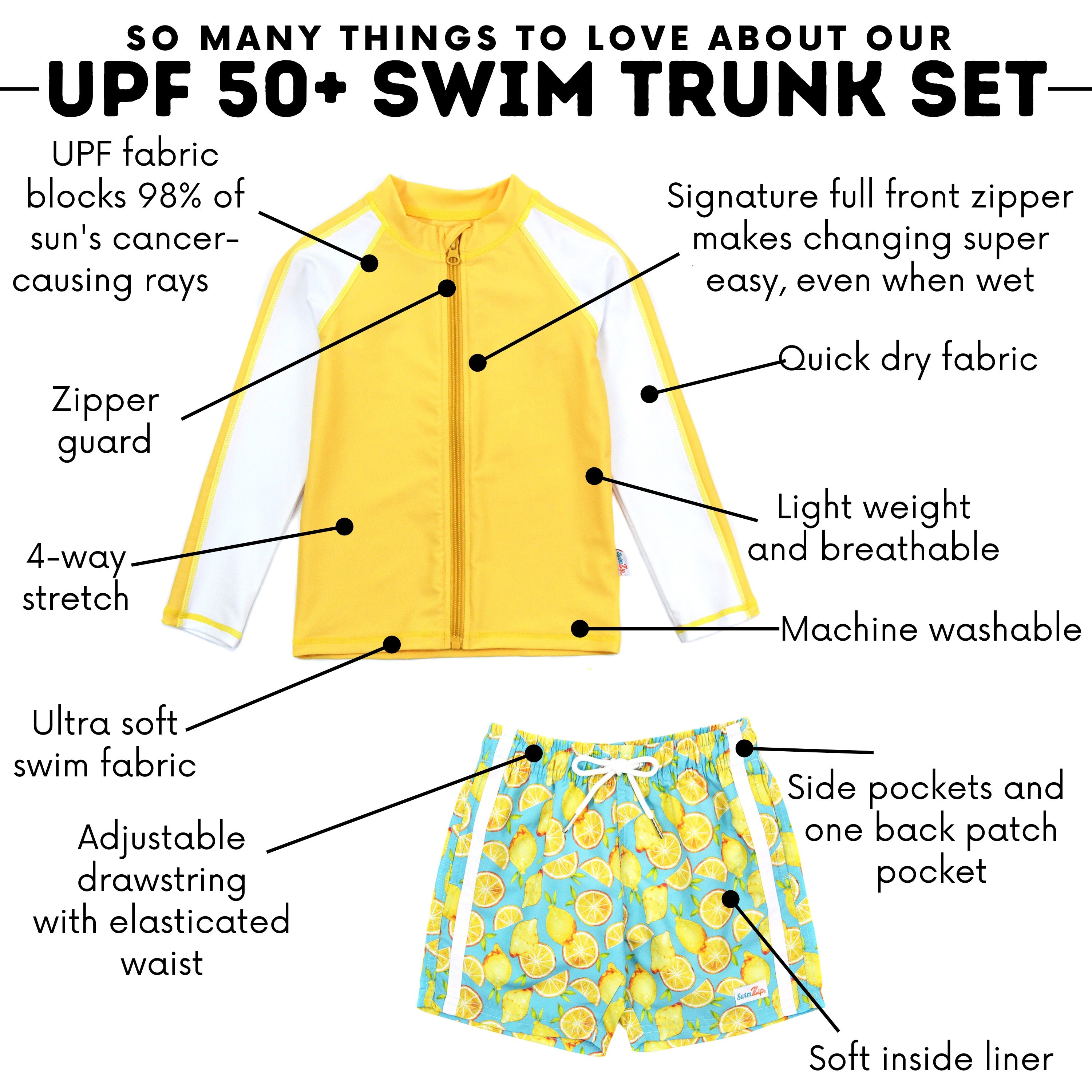 Boys Long Sleeve Zipper Rash Guard and Swim Trunk Set | "Lemons"-SwimZip UPF 50+ Sun Protective Swimwear & UV Zipper Rash Guards-pos4