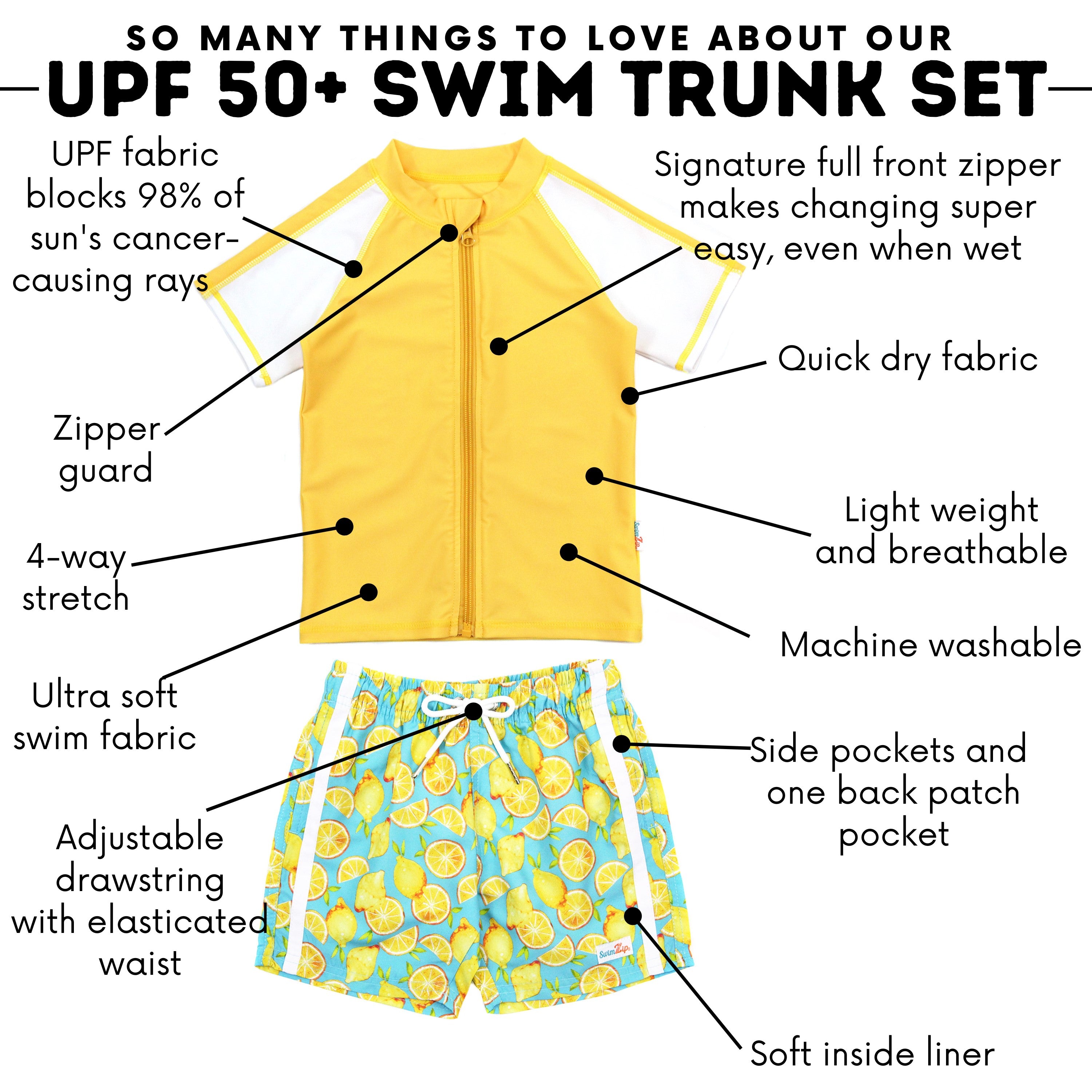 Boys Short Sleeve Zipper Rash Guard and Swim Trunk Set | "Lemons"-SwimZip UPF 50+ Sun Protective Swimwear & UV Zipper Rash Guards-pos5