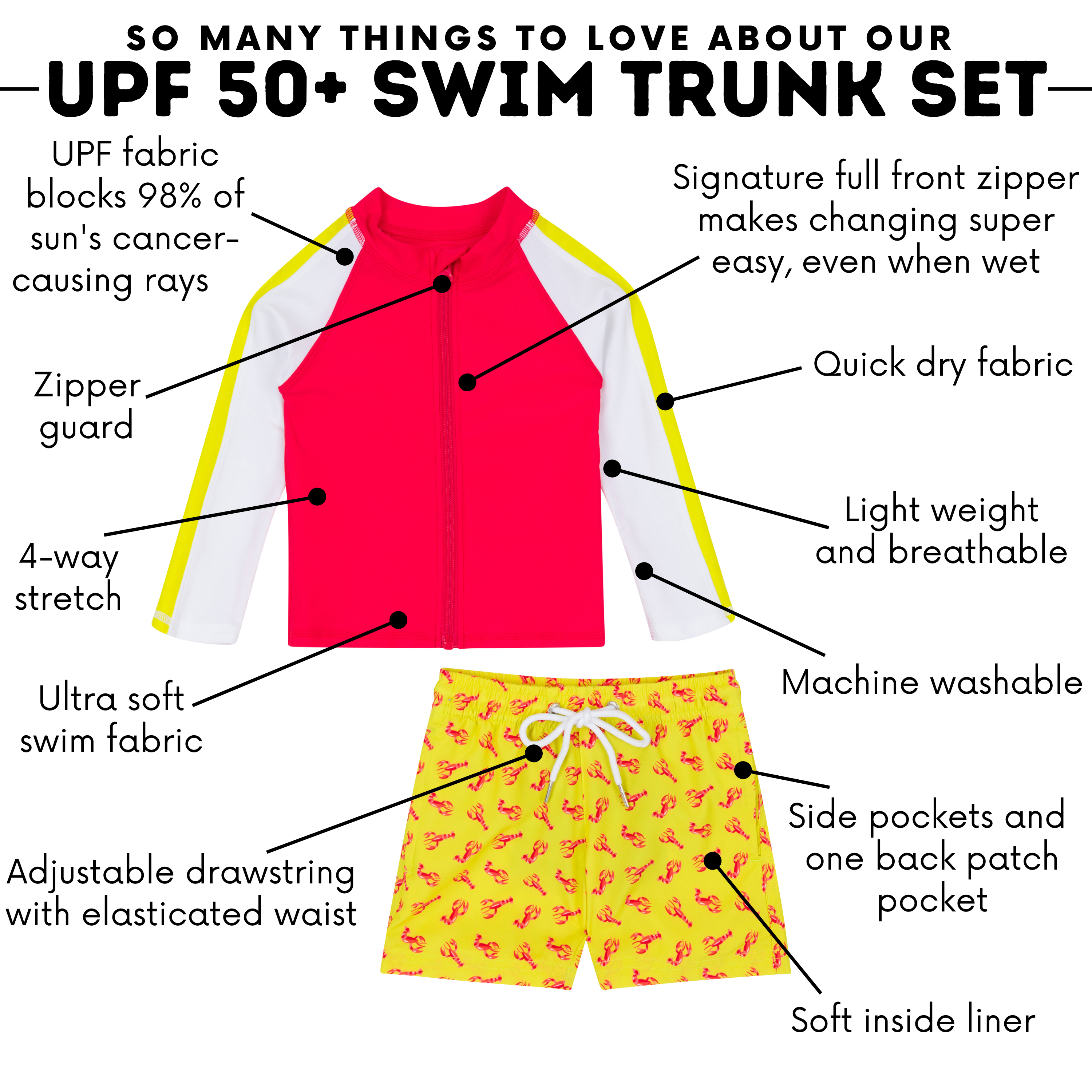 Boys Long Sleeve Zipper Rash Guard and Swim Trunk Set | "Lobster"-SwimZip UPF 50+ Sun Protective Swimwear & UV Zipper Rash Guards-pos4
