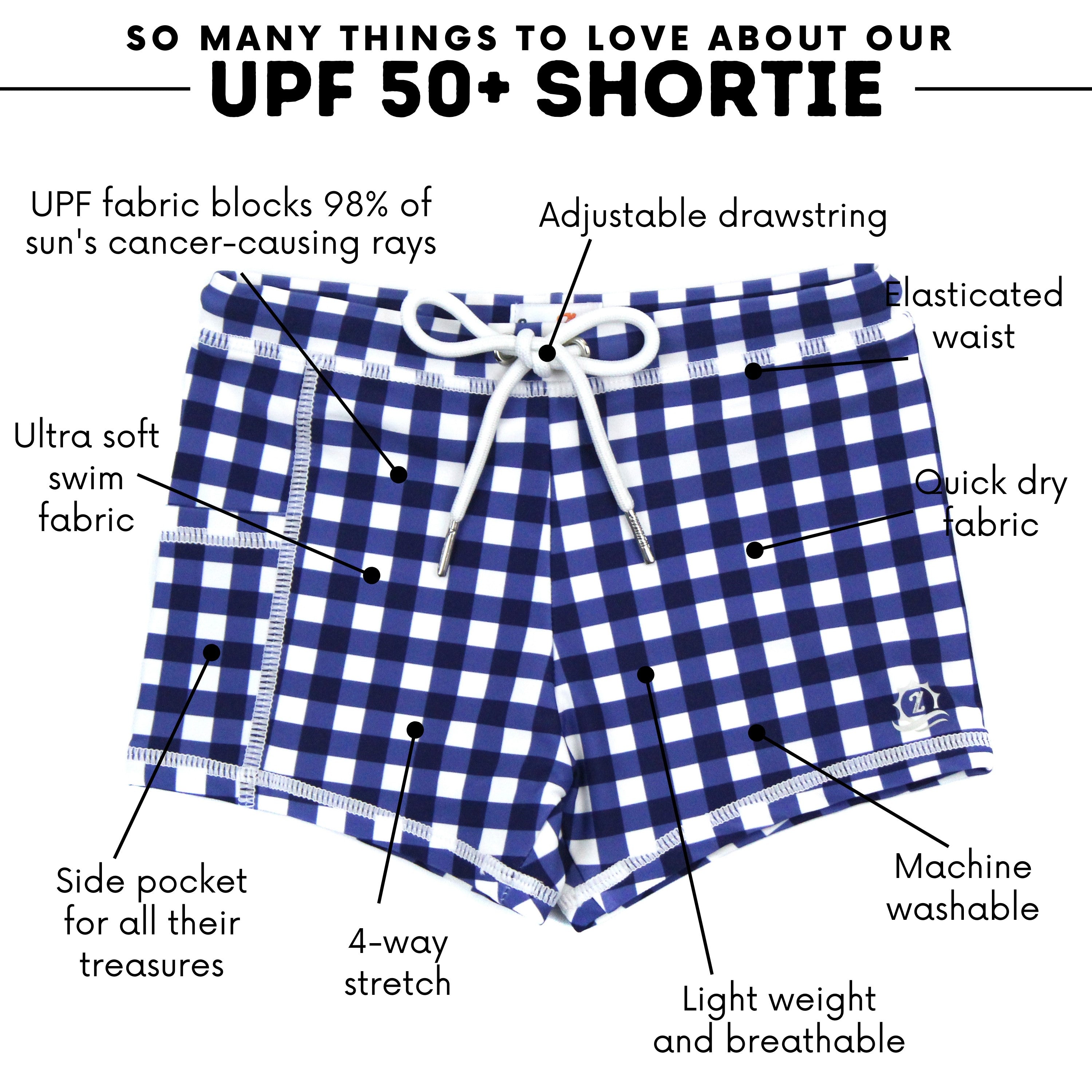 Kids Euro Swim Shorties | "Navy Gingham"-SwimZip UPF 50+ Sun Protective Swimwear & UV Zipper Rash Guards-pos4