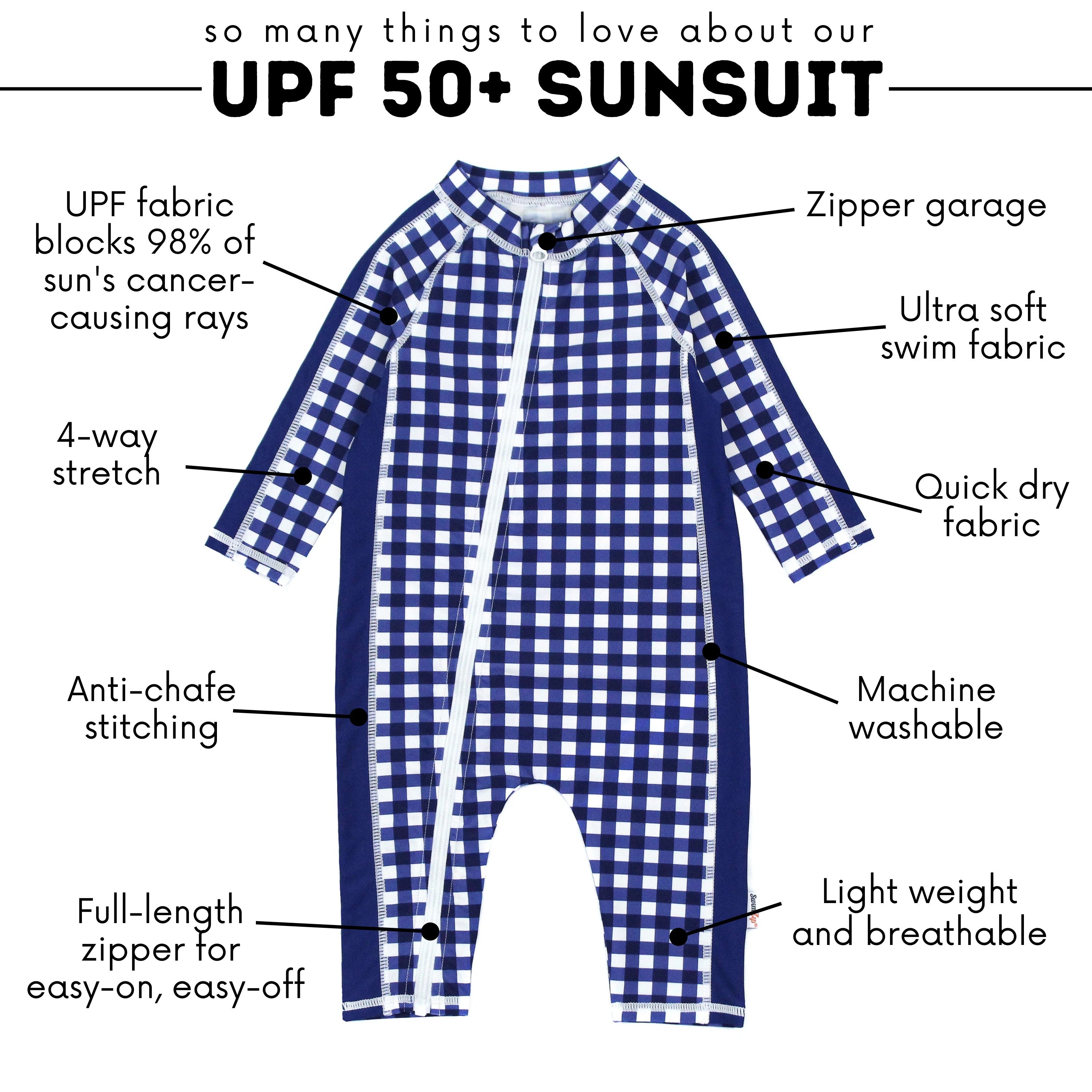 Sunsuit - Long Sleeve Romper Swimsuit | "Navy Gingham"-SwimZip UPF 50+ Sun Protective Swimwear & UV Zipper Rash Guards-pos4