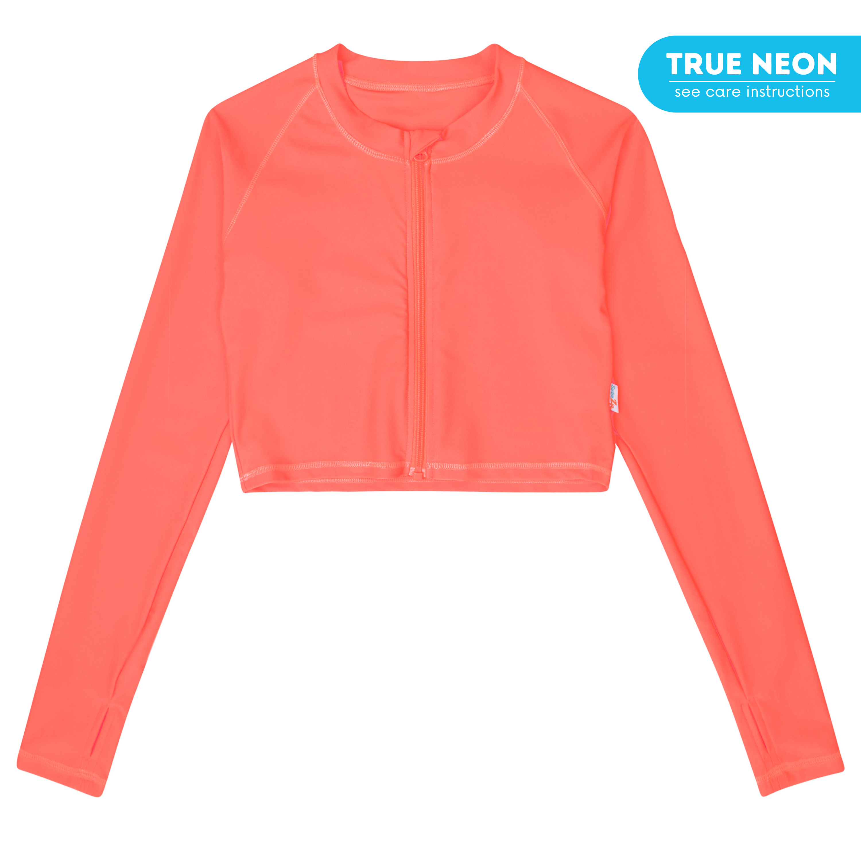 Women's Long Sleeve Crop Rash Guard | “Neon Orange"-SwimZip UPF 50+ Sun Protective Swimwear & UV Zipper Rash Guards-pos1