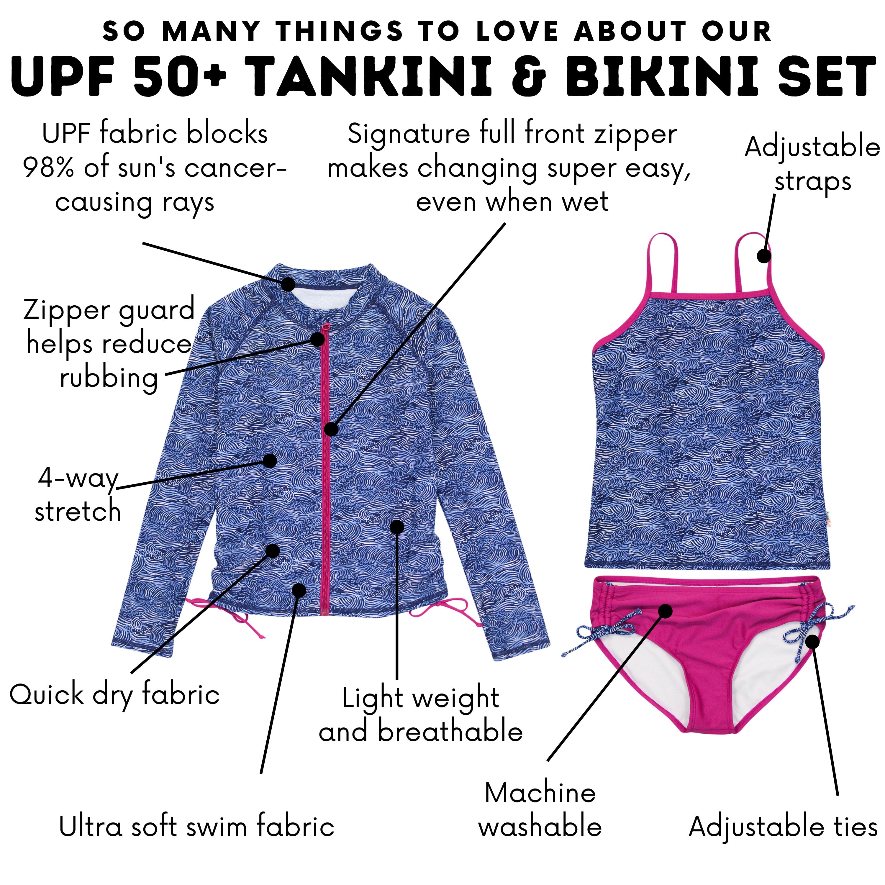Girls Long Sleeve Rash Guard + Tankini Bikini Set (3 Piece) | "Ocean Breeze"-SwimZip UPF 50+ Sun Protective Swimwear & UV Zipper Rash Guards-pos4