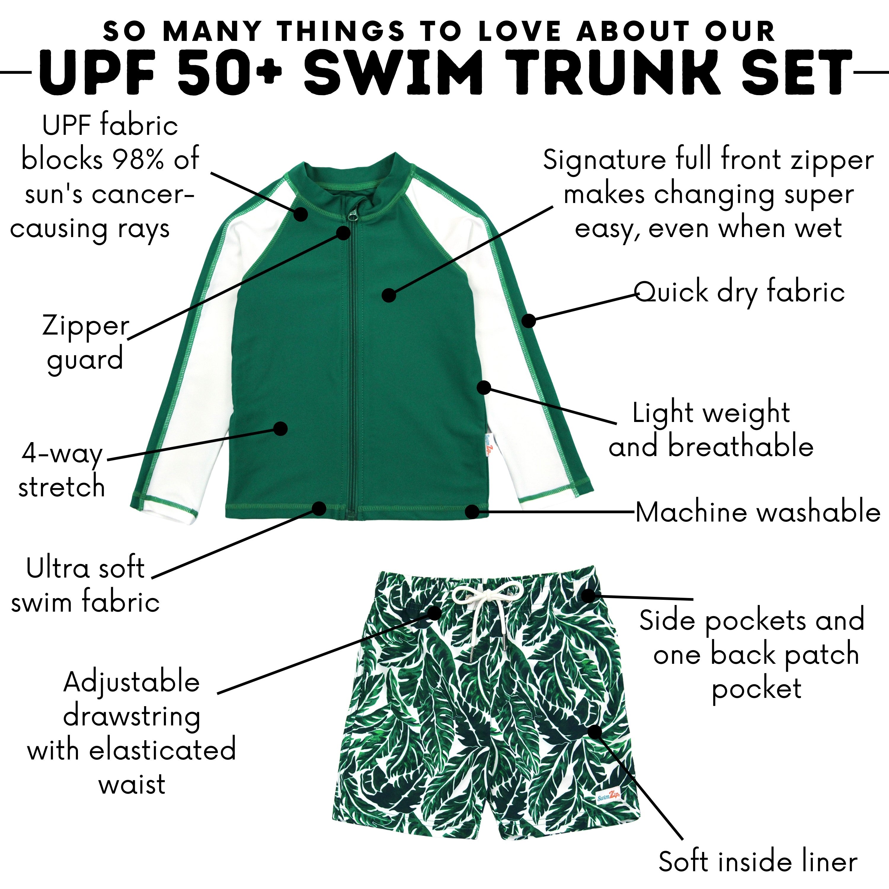 Boys Long Sleeve Zipper Rash Guard and Swim Trunk Set | "Palm Leaf"-SwimZip UPF 50+ Sun Protective Swimwear & UV Zipper Rash Guards-pos4