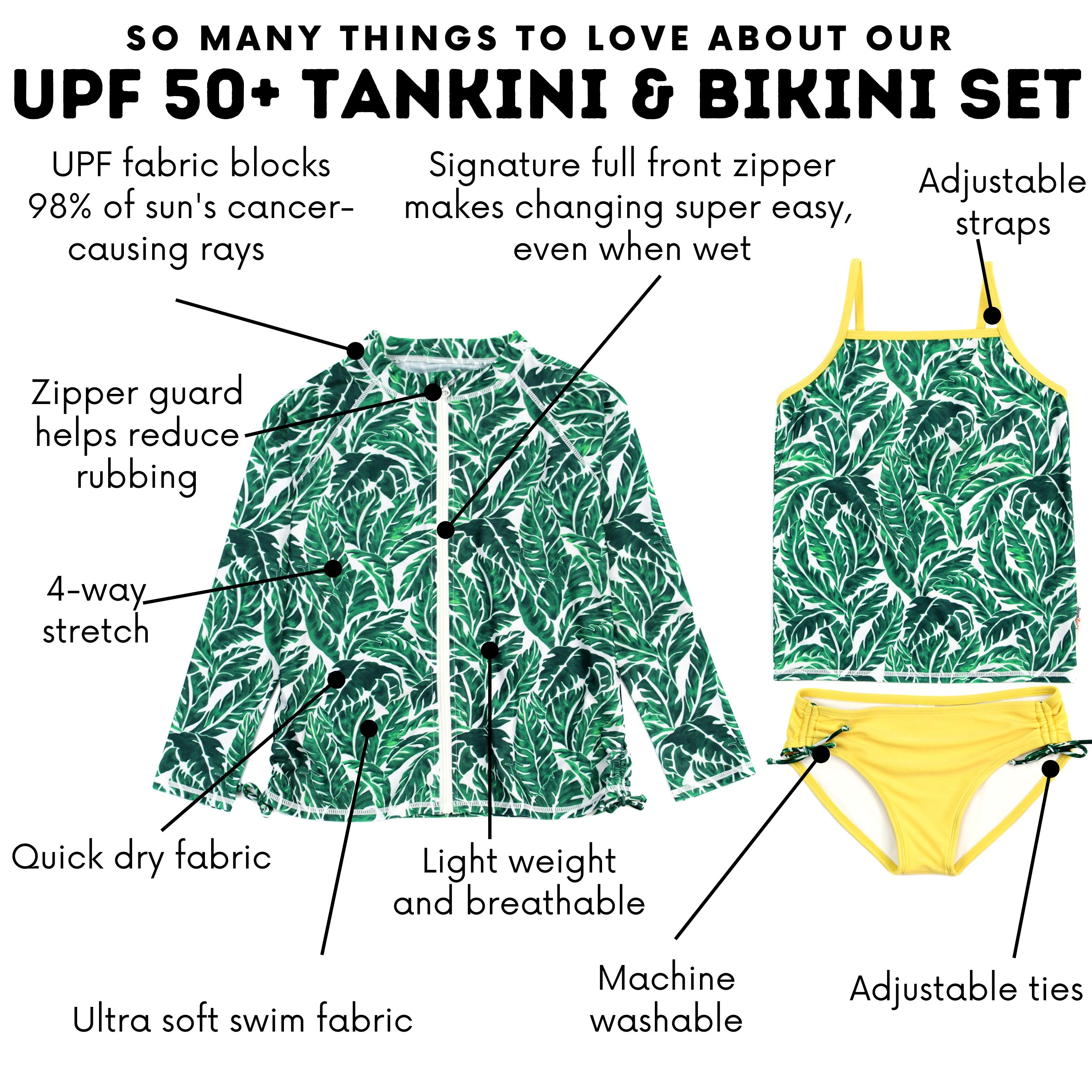 Girls Long Sleeve Rash Guard + Tankini Bikini Set (3 Piece) | "Palm Leaf"-SwimZip UPF 50+ Sun Protective Swimwear & UV Zipper Rash Guards-pos4