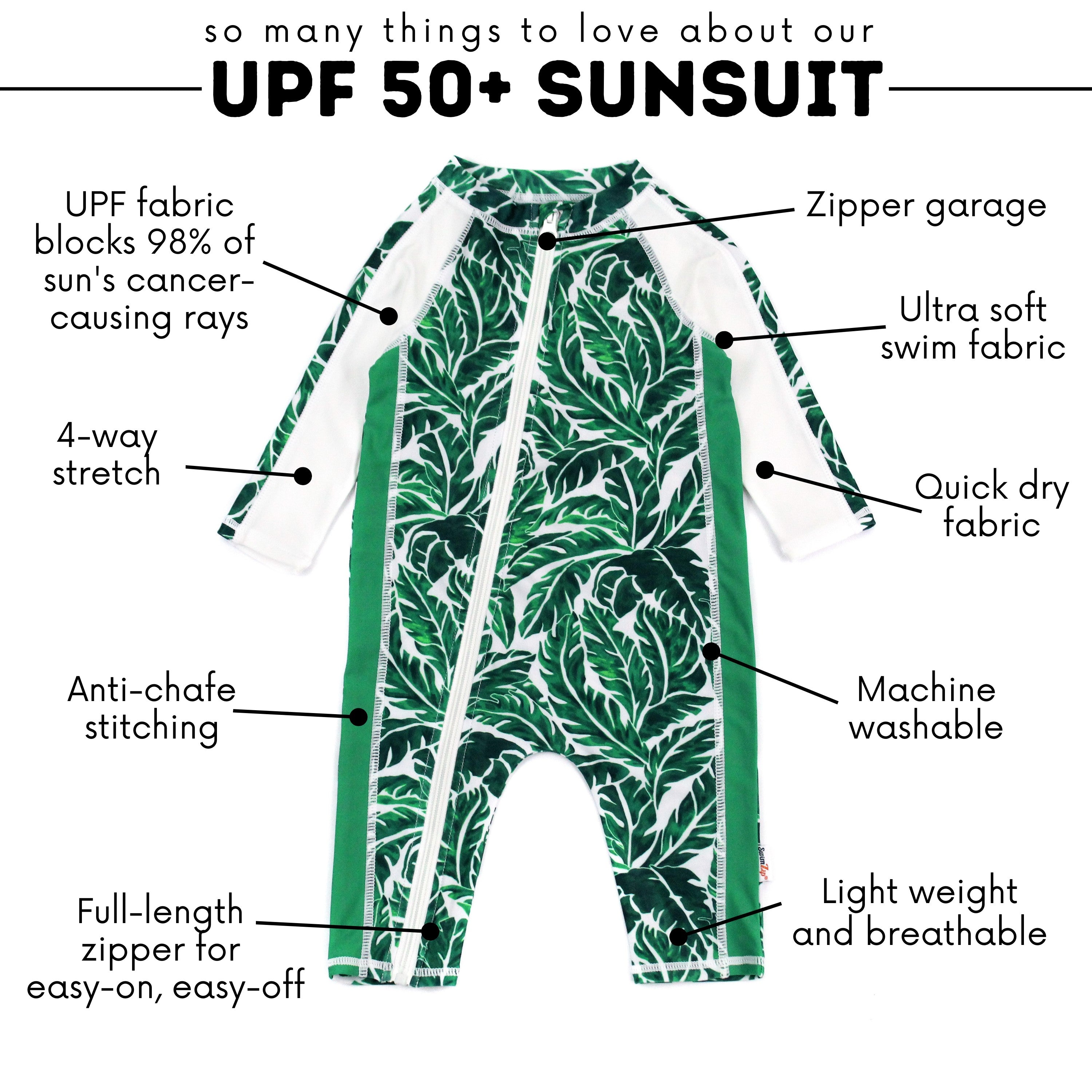 Sunsuit - Long Sleeve Romper Swimsuit | "Palm Leaf"-SwimZip UPF 50+ Sun Protective Swimwear & UV Zipper Rash Guards-pos4