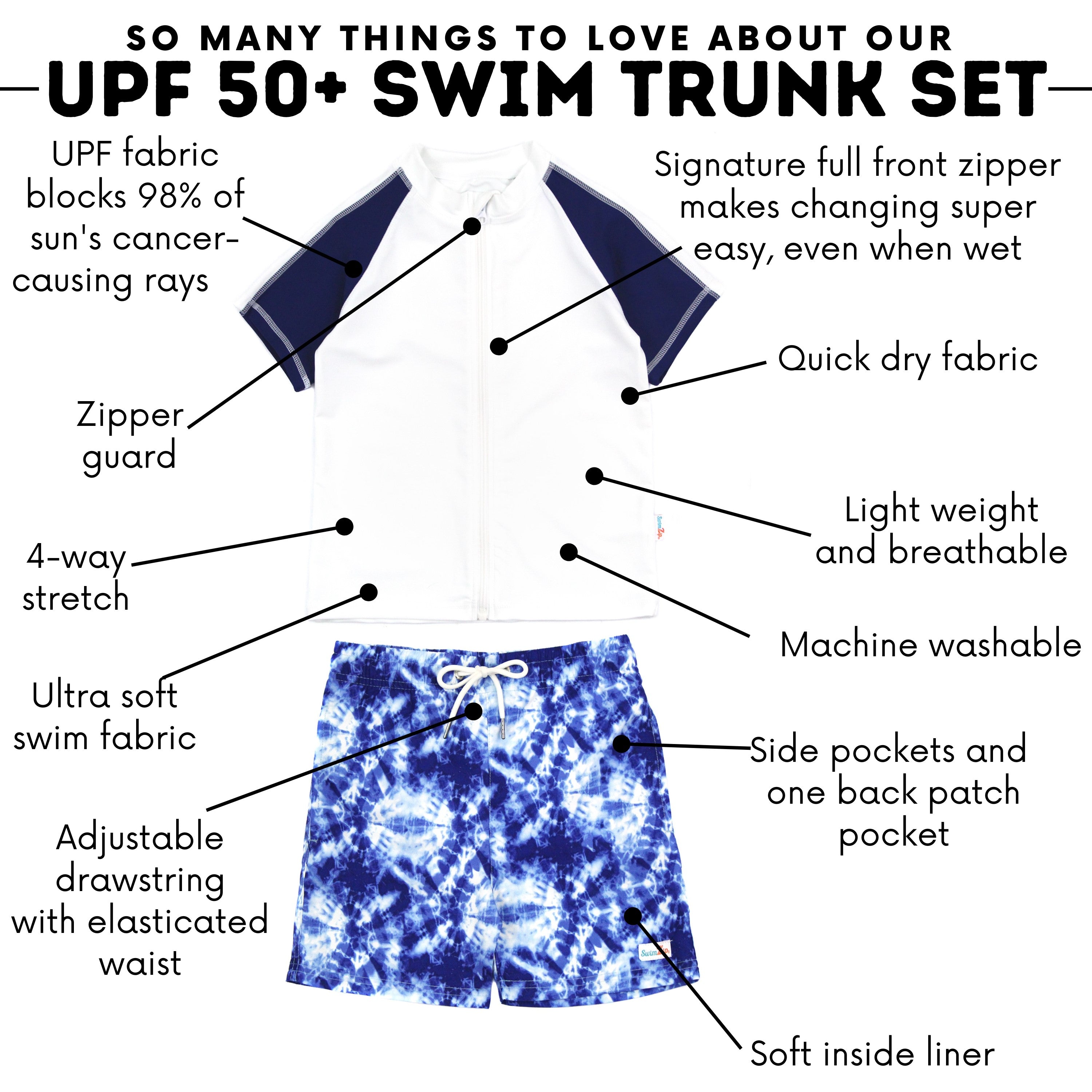 Boys Short Sleeve Zipper Rash Guard and Swim Trunk Set | "Tie Dye"-SwimZip UPF 50+ Sun Protective Swimwear & UV Zipper Rash Guards-pos2