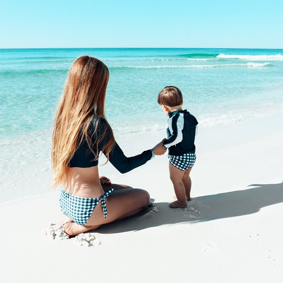 Kids Euro Swim Shorties | "Navy Gingham"-SwimZip UPF 50+ Sun Protective Swimwear & UV Zipper Rash Guards-pos4